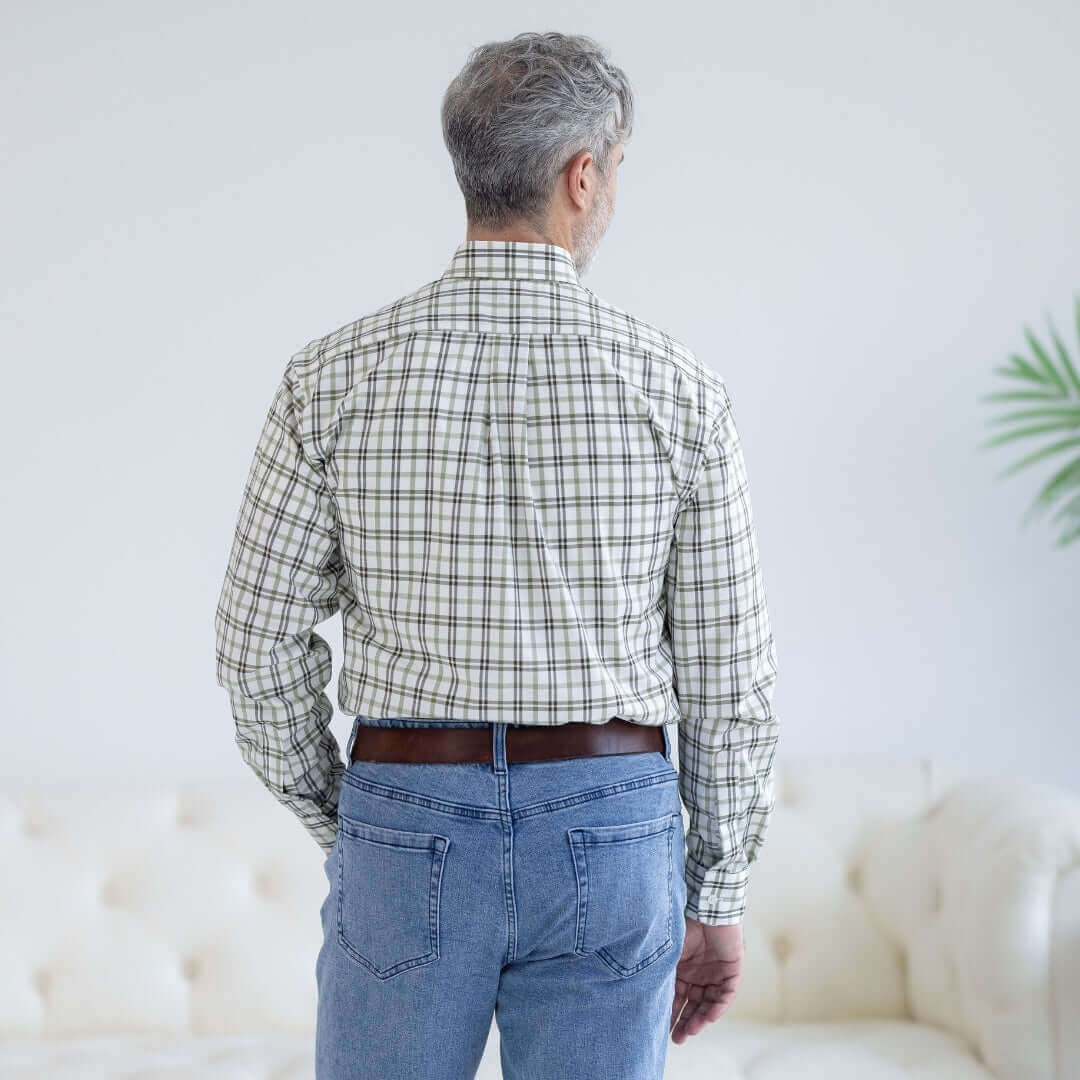 Man wearing a Green and Black Plaid Long Sleeve Button Down Shirt with hook and loop closures, seen from the back.