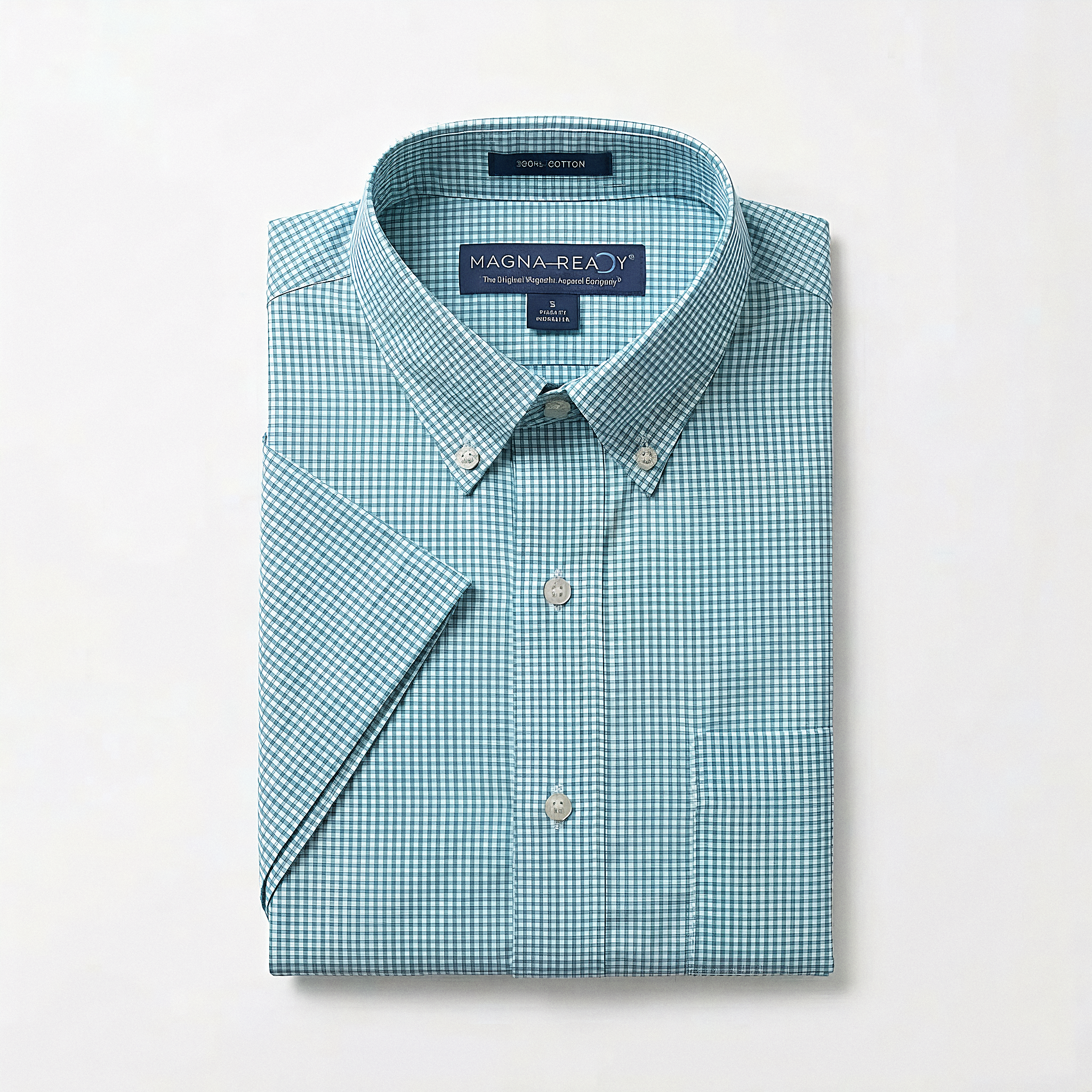 Green and Blue Check Short Sleeve Shirt with Magnetic Closures folded and displayed, showcasing its button-down collar.