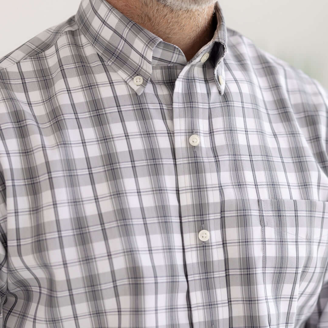 Grey check long sleeve button-down shirt with magnetic closures for easy dressing and mobility support.