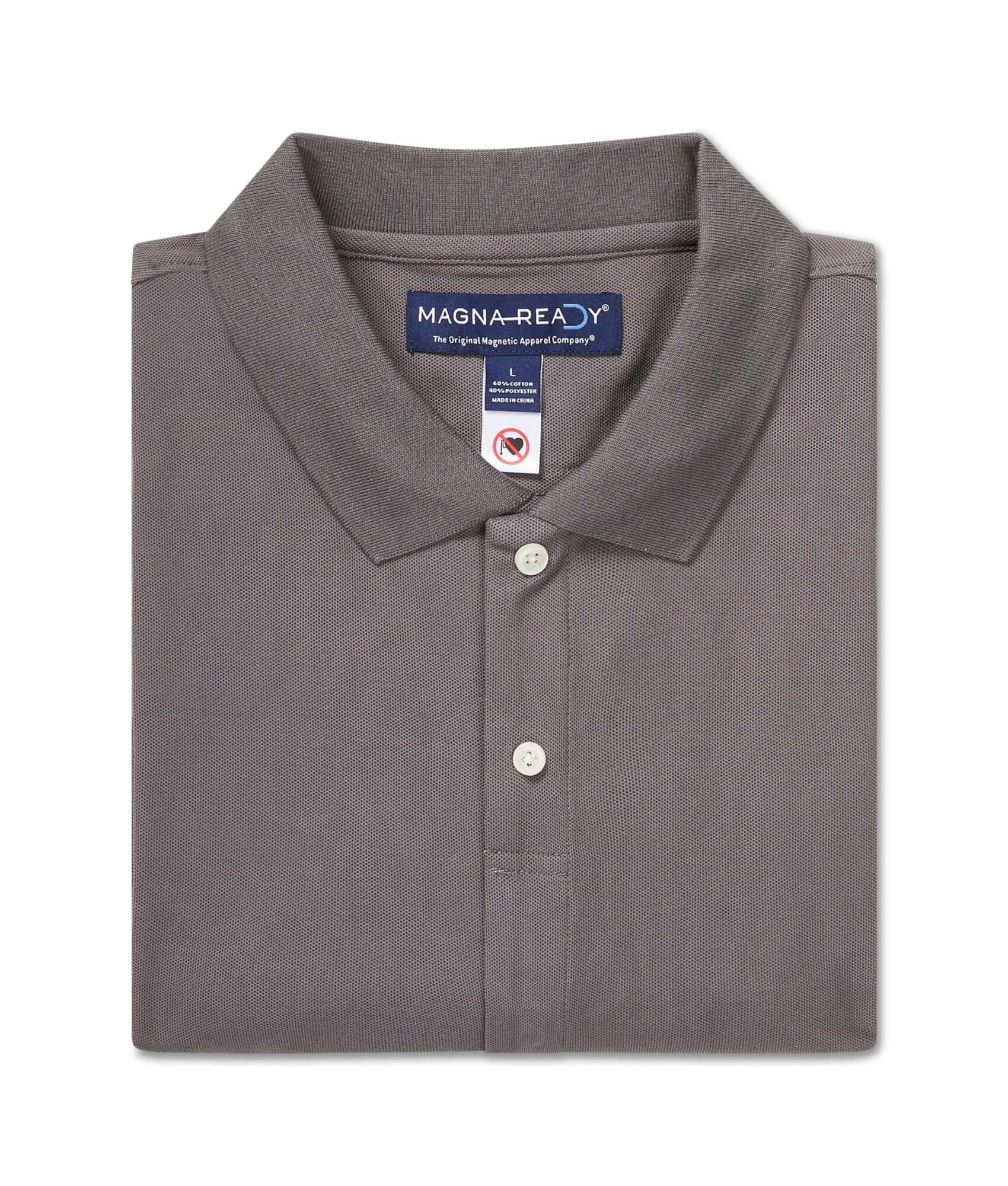 Grey pique knit polo shirt with MagnaReady magnetic closures for adaptive dressing comfort.