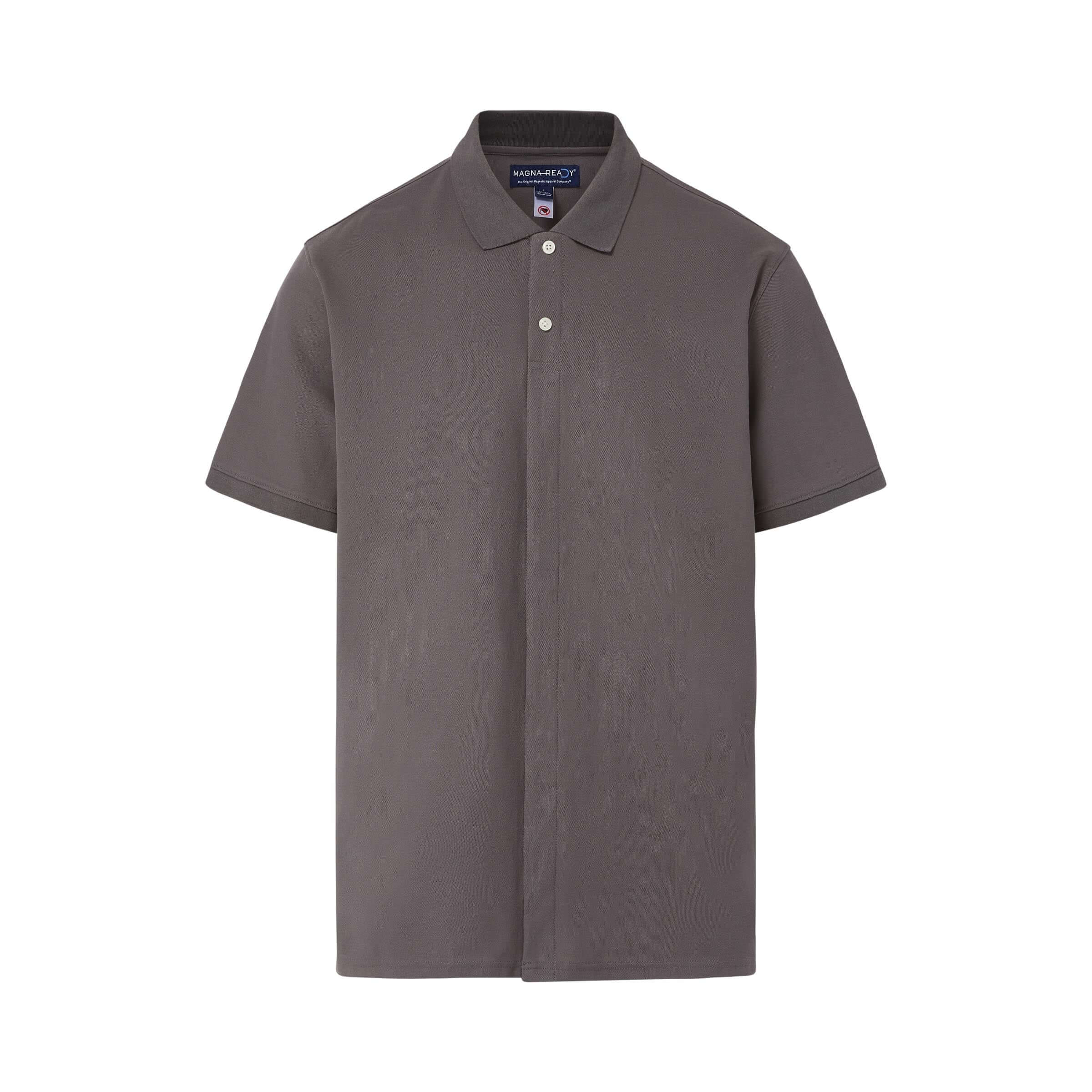 Grey pique knit short sleeve polo shirt with magnetic closures for easy dressing.