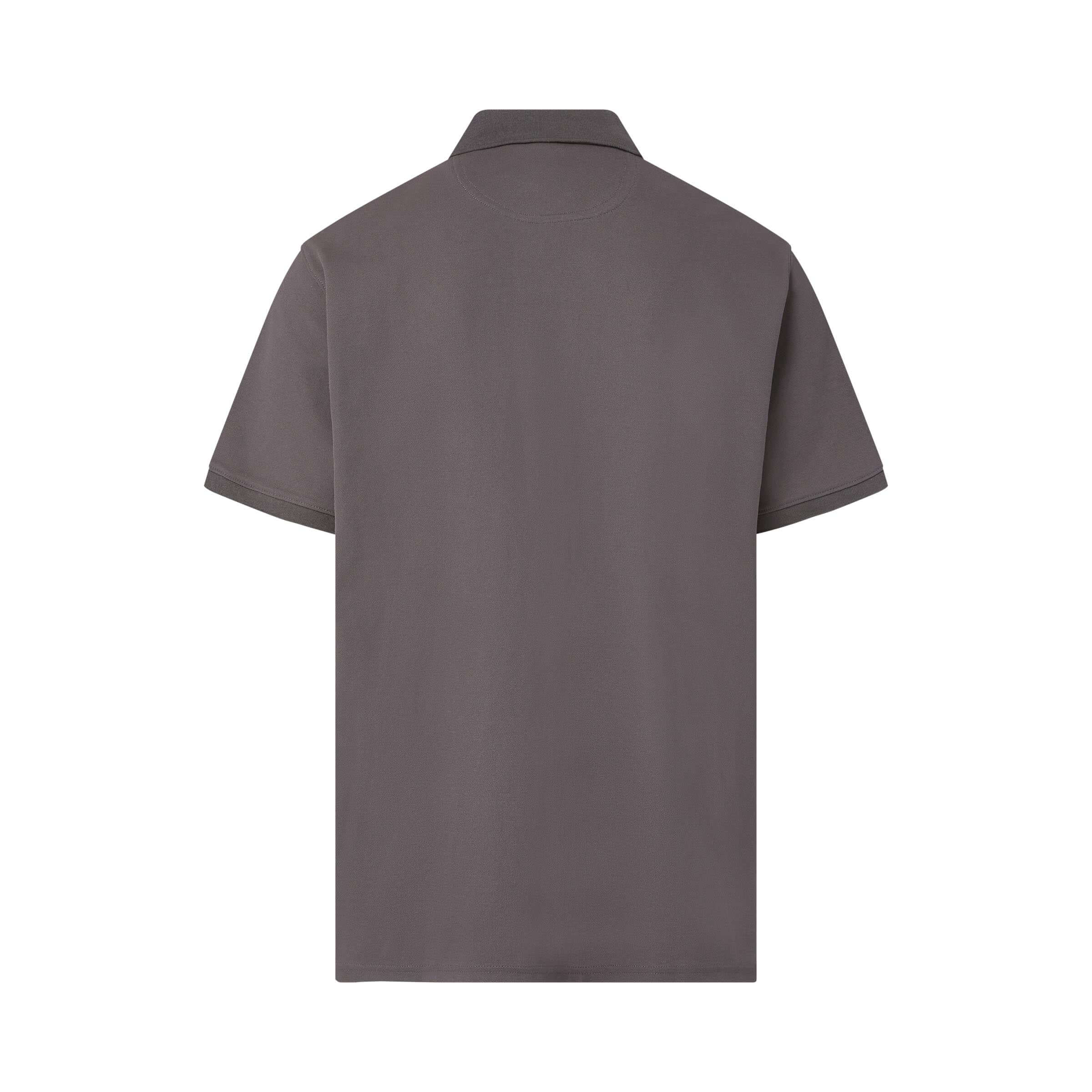 Back view of grey pique knit short sleeve polo shirt with magnetic closures for adaptive dressing.