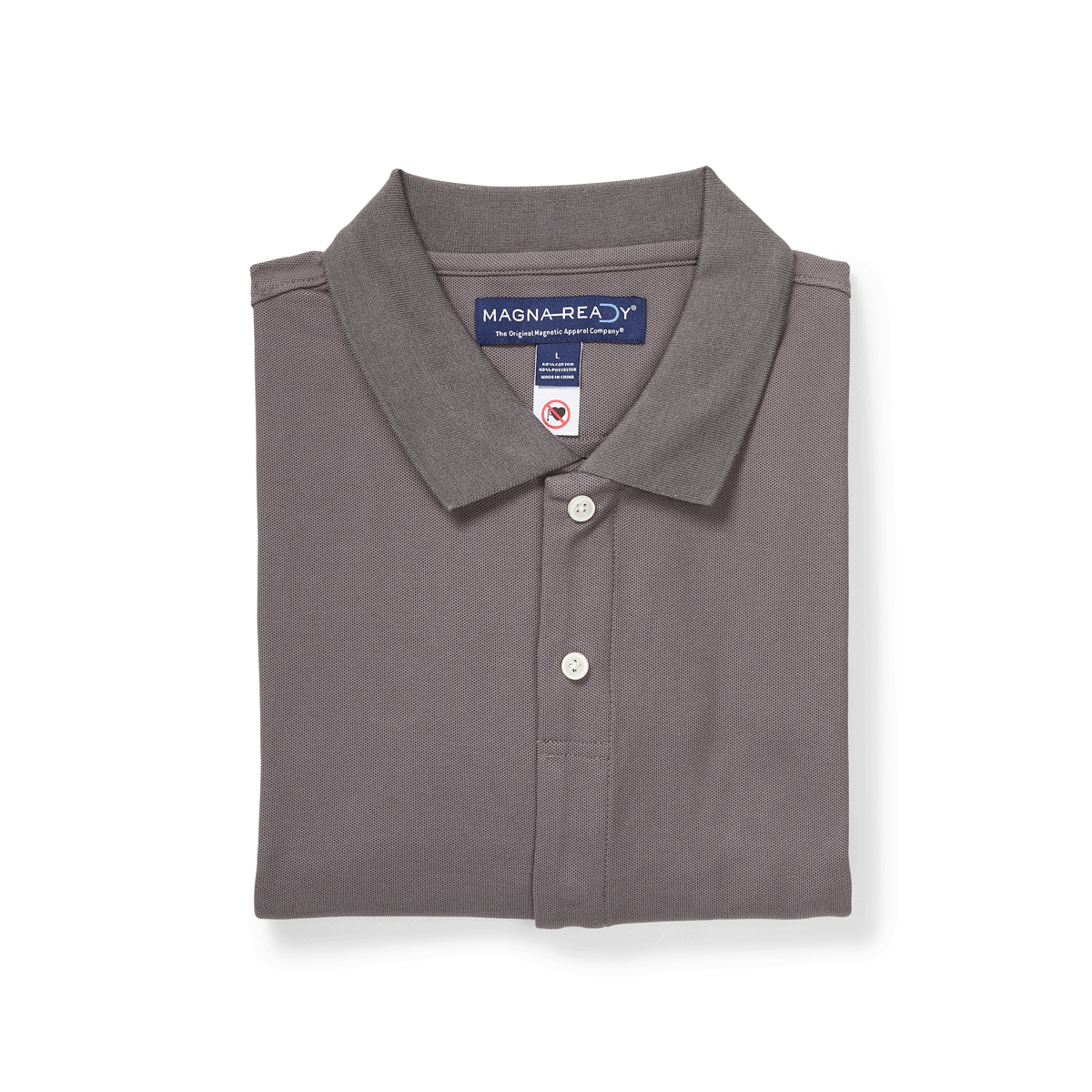 Grey pique knit short sleeve polo with magnetic closures for easy dressing and comfort.