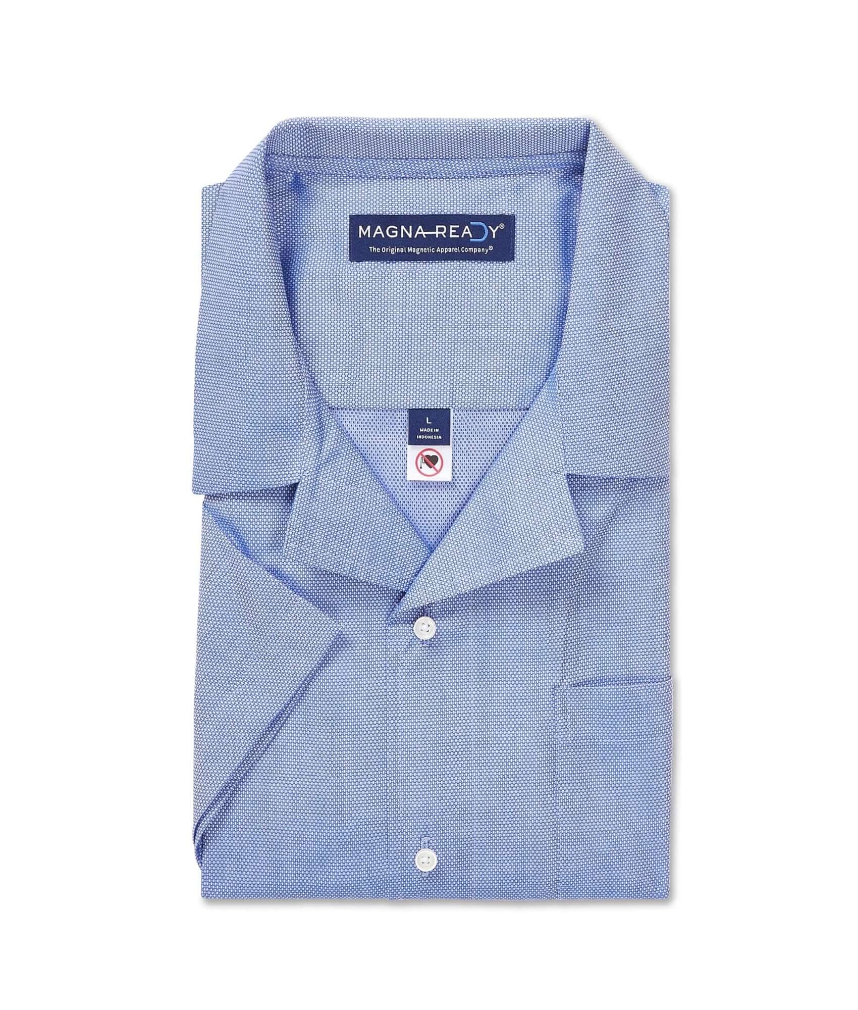 Short Sleeve Solid Blue 'Landry' Camp Shirt with Magnetic Closures, featuring modern adaptive technology.