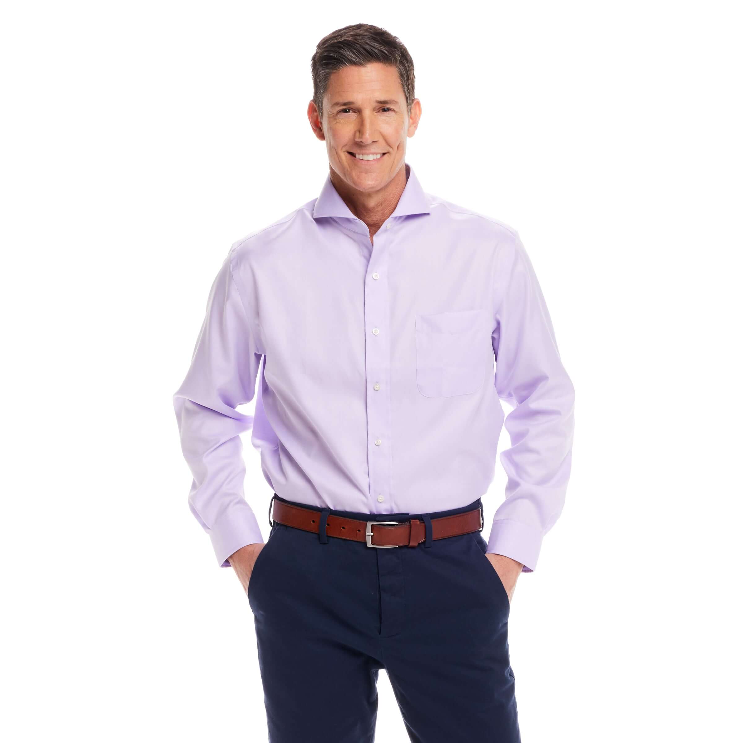 Model wearing a long sleeve lavender 'Bryant' shirt with magnetic closures and a cut-away collar.