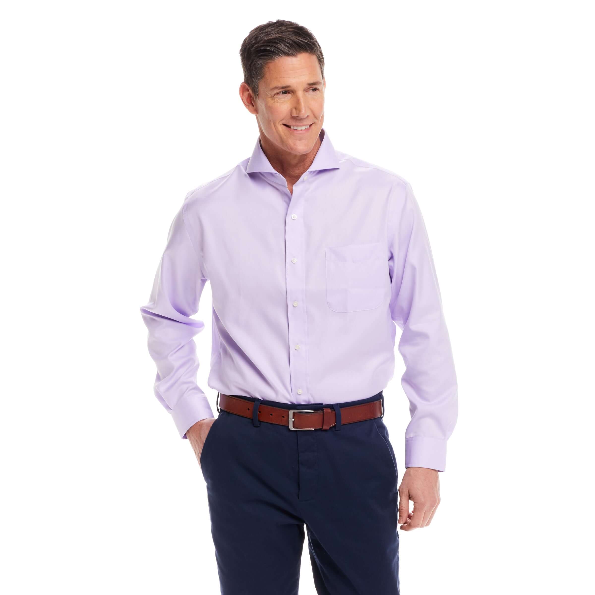 Man wearing a long sleeve lavender 'Bryant' shirt with magnetic closures and a cut-away collar.