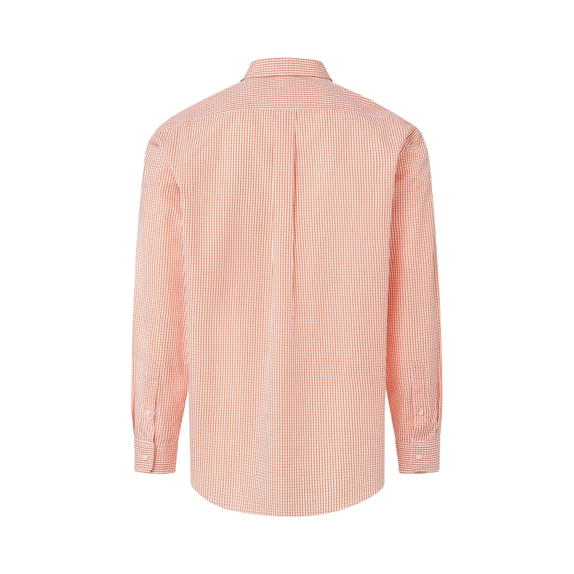 Back view of a long sleeve orange and white check shirt with button-down collar and magnetic closures.