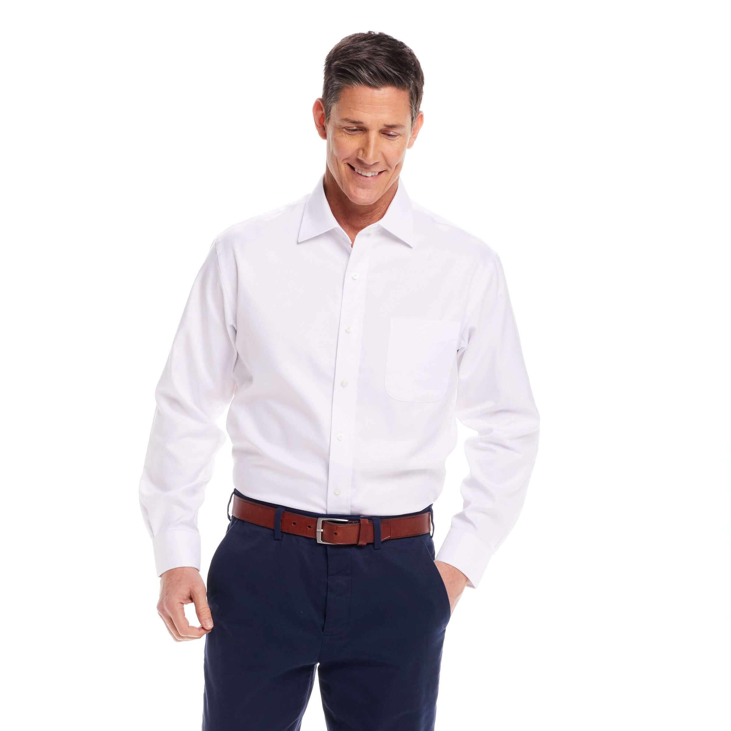 Model wearing a Long Sleeve White 'Ryan' Dress Shirt with Magnetic Closures and traditional fit.