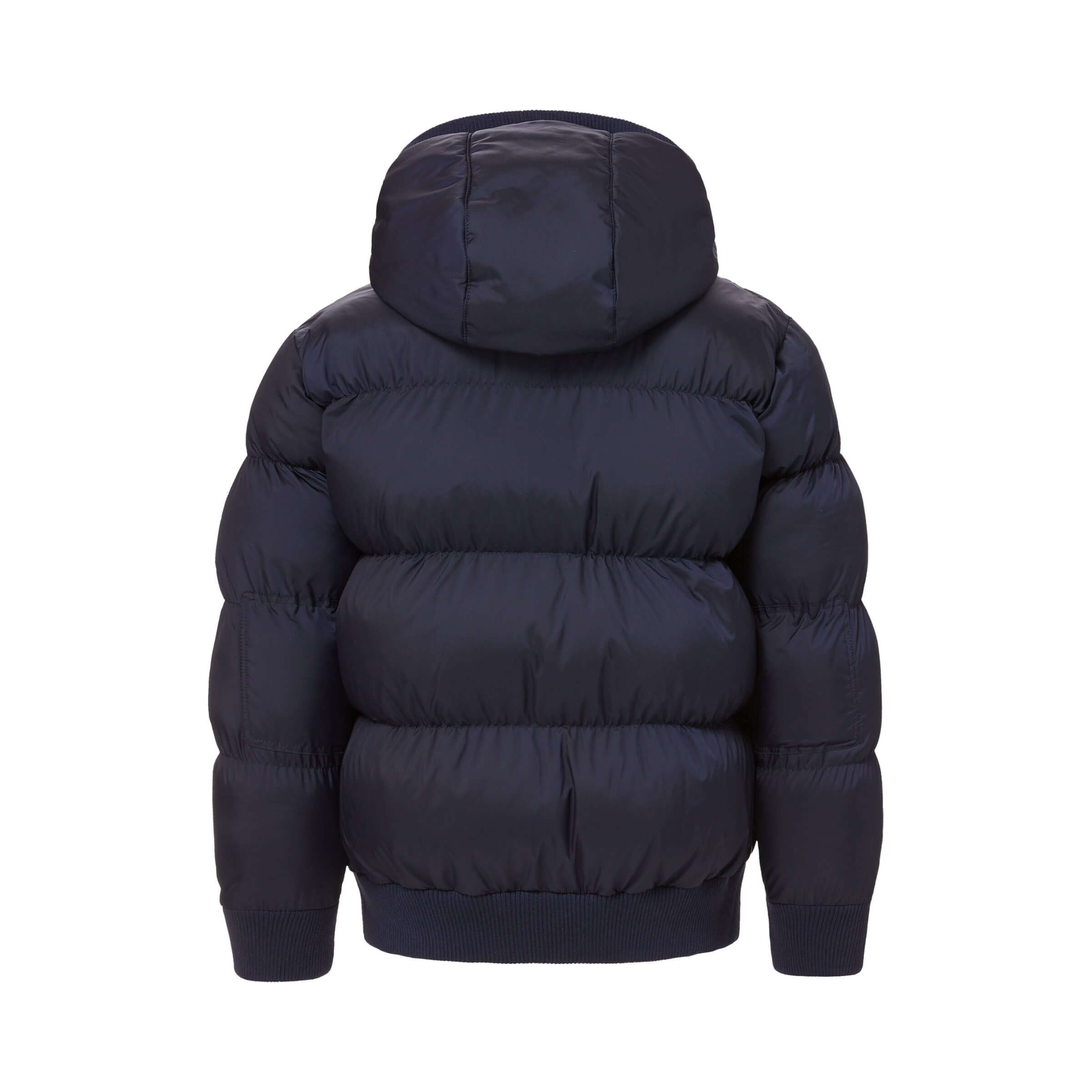 Back view of MagnaMini Kids Navy Water-Resistant Puffer Coat with Hood, showcasing its cozy design.