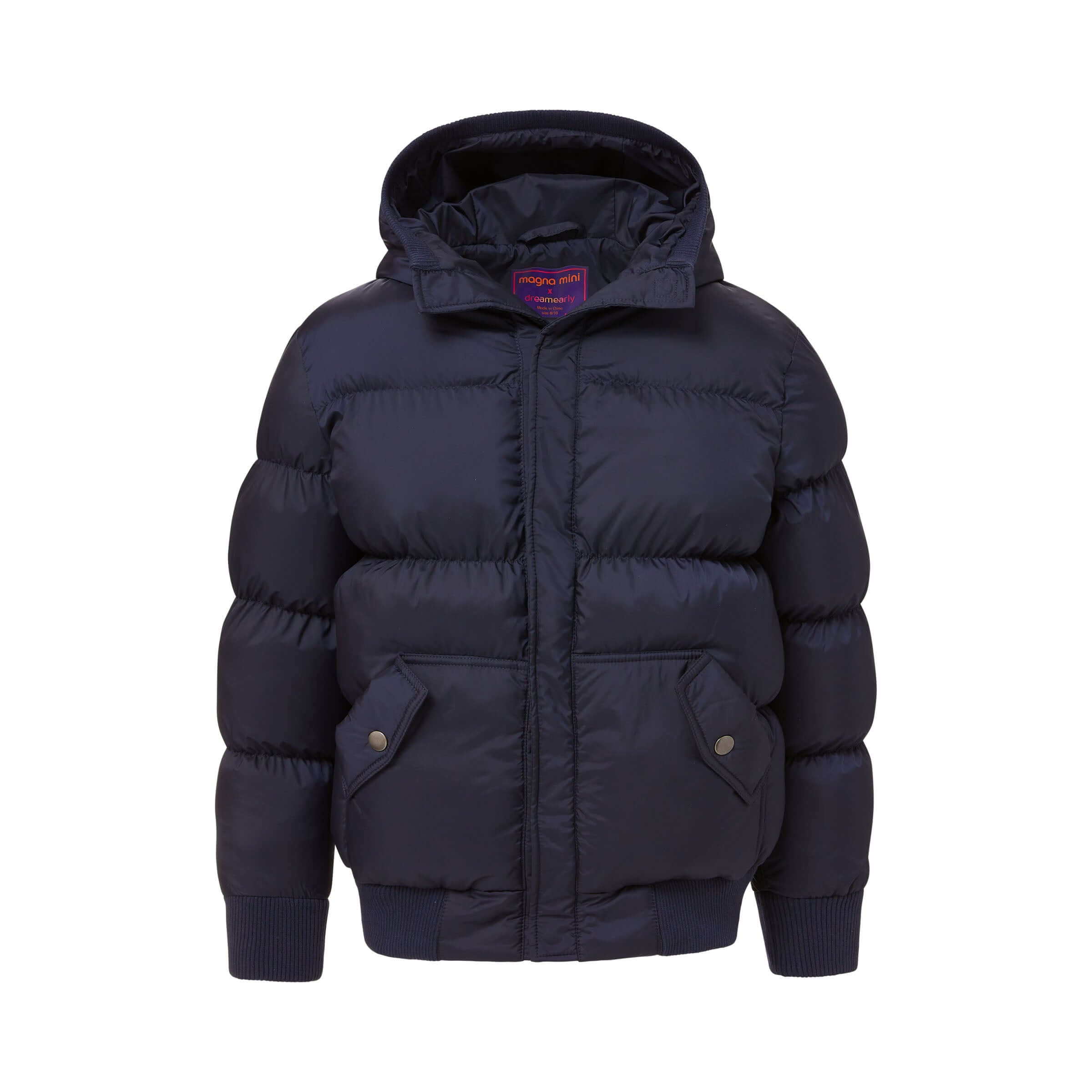 Navy MagnaMini kids magnetic puffer coat with hood, water-resistant and cozy for outdoor adventures.