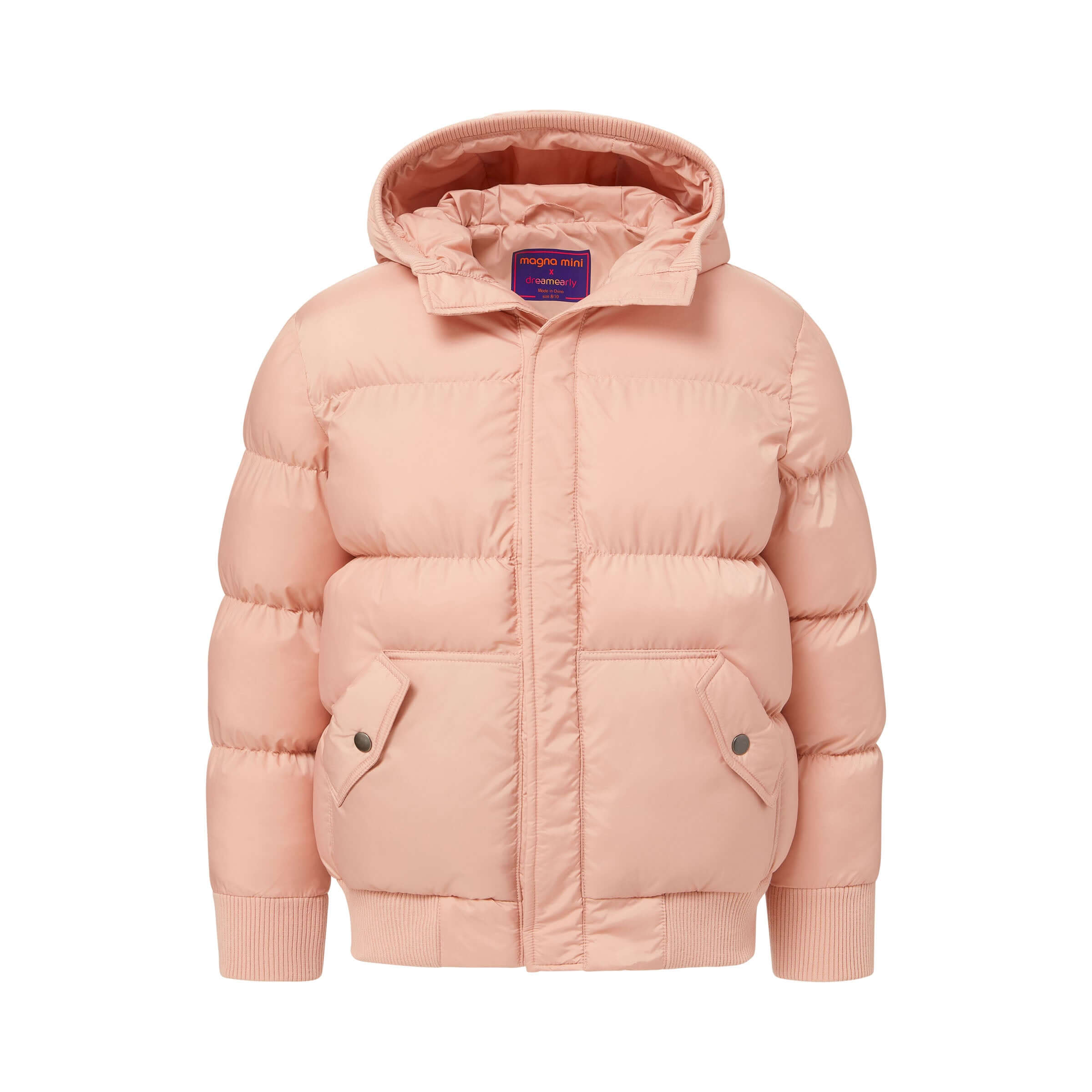 MagnaMini Kids Magnetic Pink Water-Resistant Puffer Coat with Hood for easy dressing and warmth.