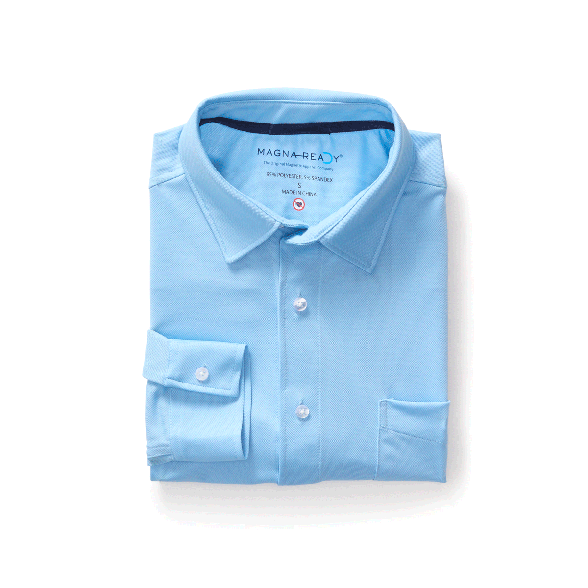 MagnaReady Carolina Blue magnetic button long sleeve cooling tech shirt folded neatly.