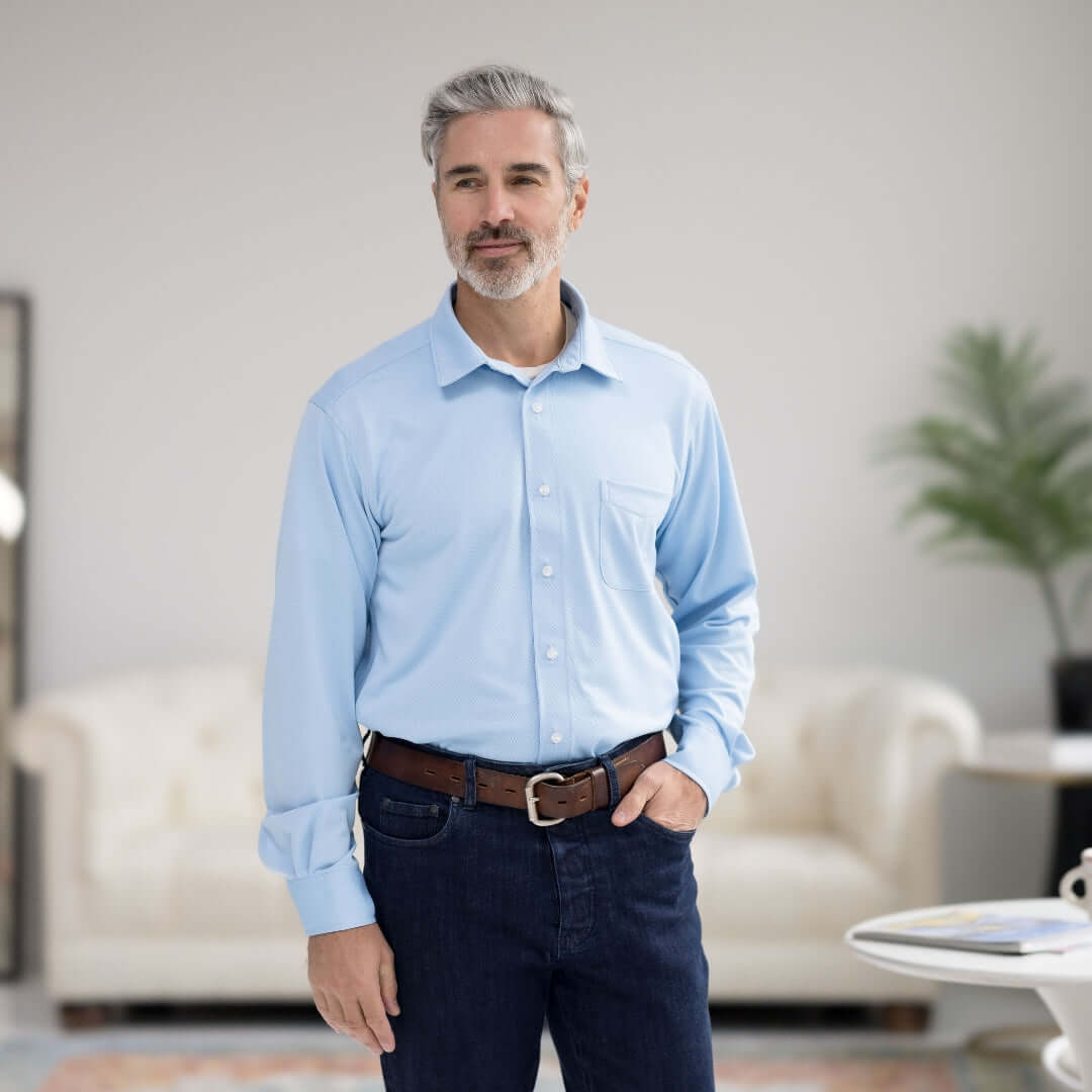 Man in a Carolina Blue long sleeve shirt with pocket, showcasing comfort and style for everyday wear.