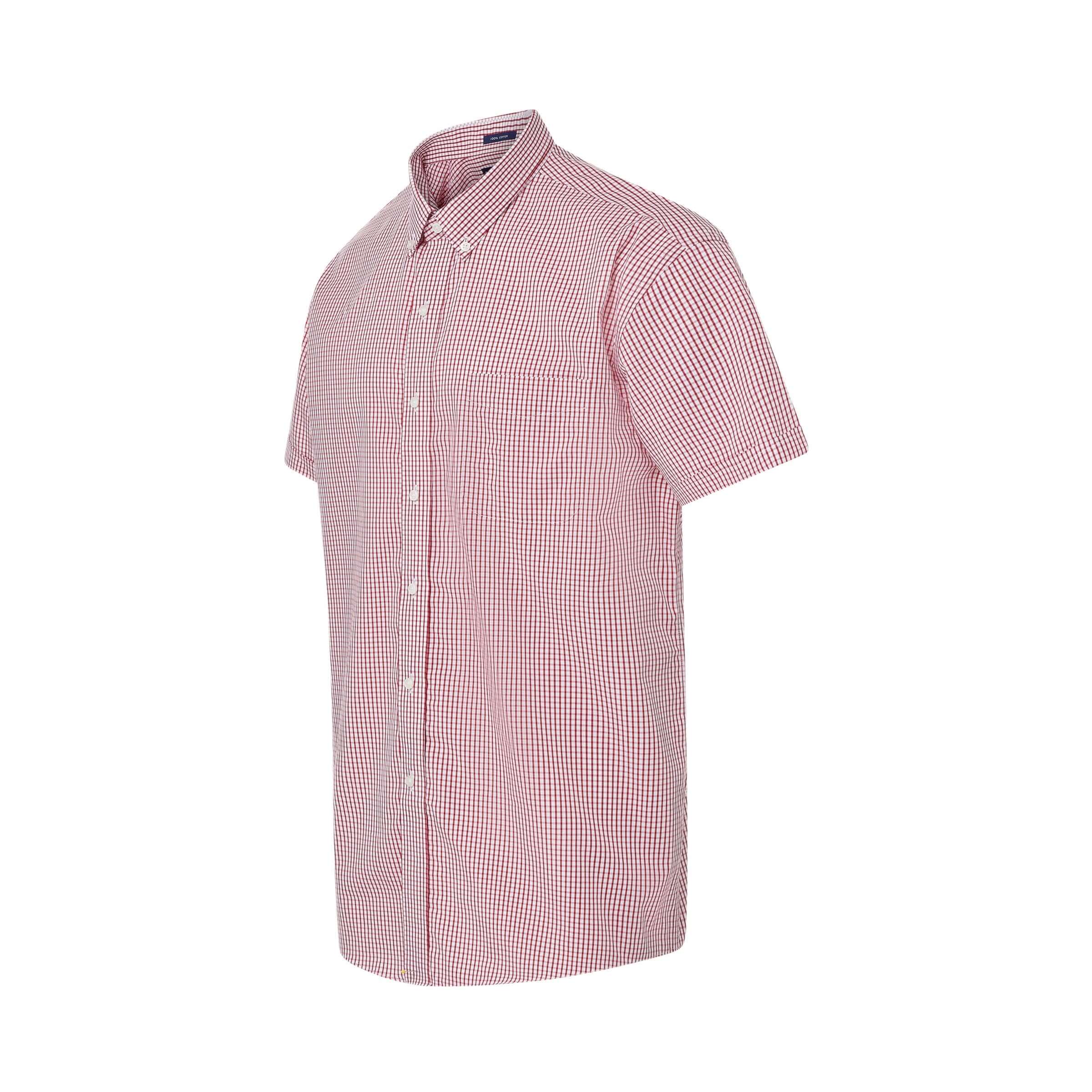 Short sleeve red and white checkered cotton shirt with button-down collar and magnetic closures for adaptive wear.