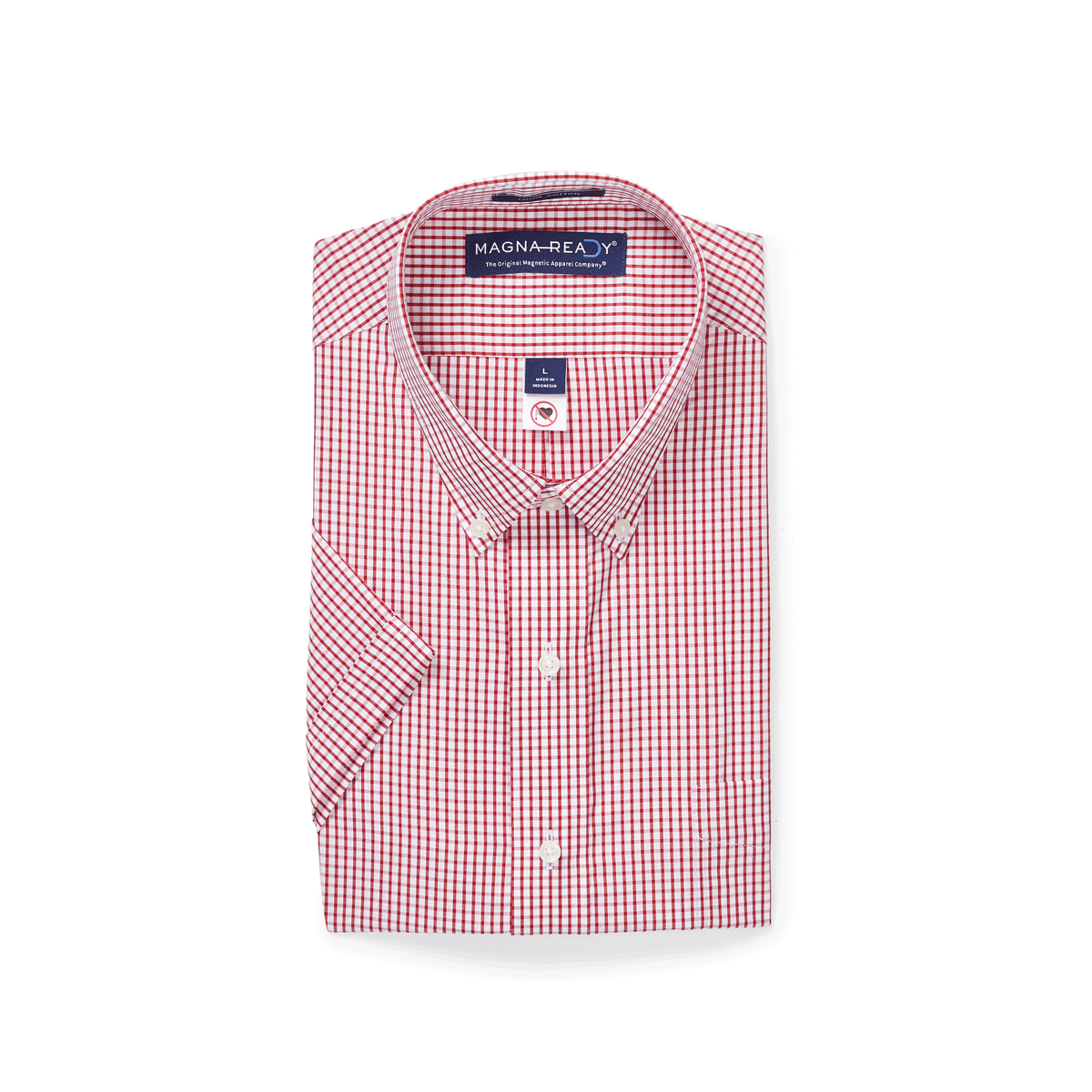 Short sleeve red and white checked MagnaReady cotton shirt with button-down collar, ideal for men with limited mobility.