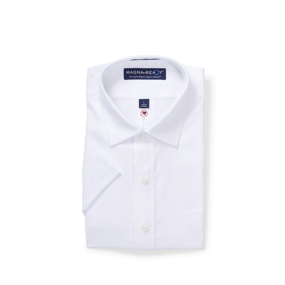 MagnaReady Mens Adaptive Short Sleeve Solid White Ryan Spread Collar 80's 2ply Cotton Shirt with Magnetic Closures MagnaReady Mens Adaptive Short Sleeve Solid White Ryan Spread Collar 80's 2ply Cotton Shirt with Magnetic Closures