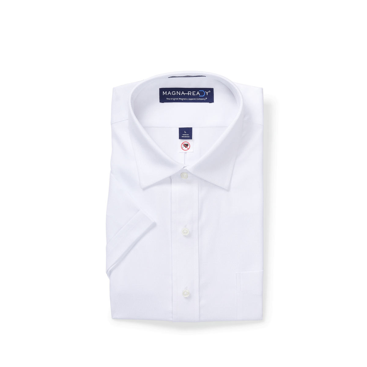 Short sleeve solid white 'Ryan' spread collar shirt with magnetic closures, designed for comfort and style.