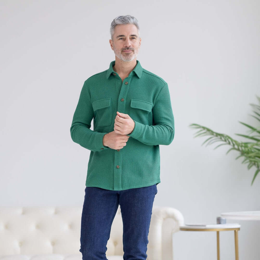 Green waffle weave casual shirt with dual oversized pockets, designed for comfort and ease of dressing.