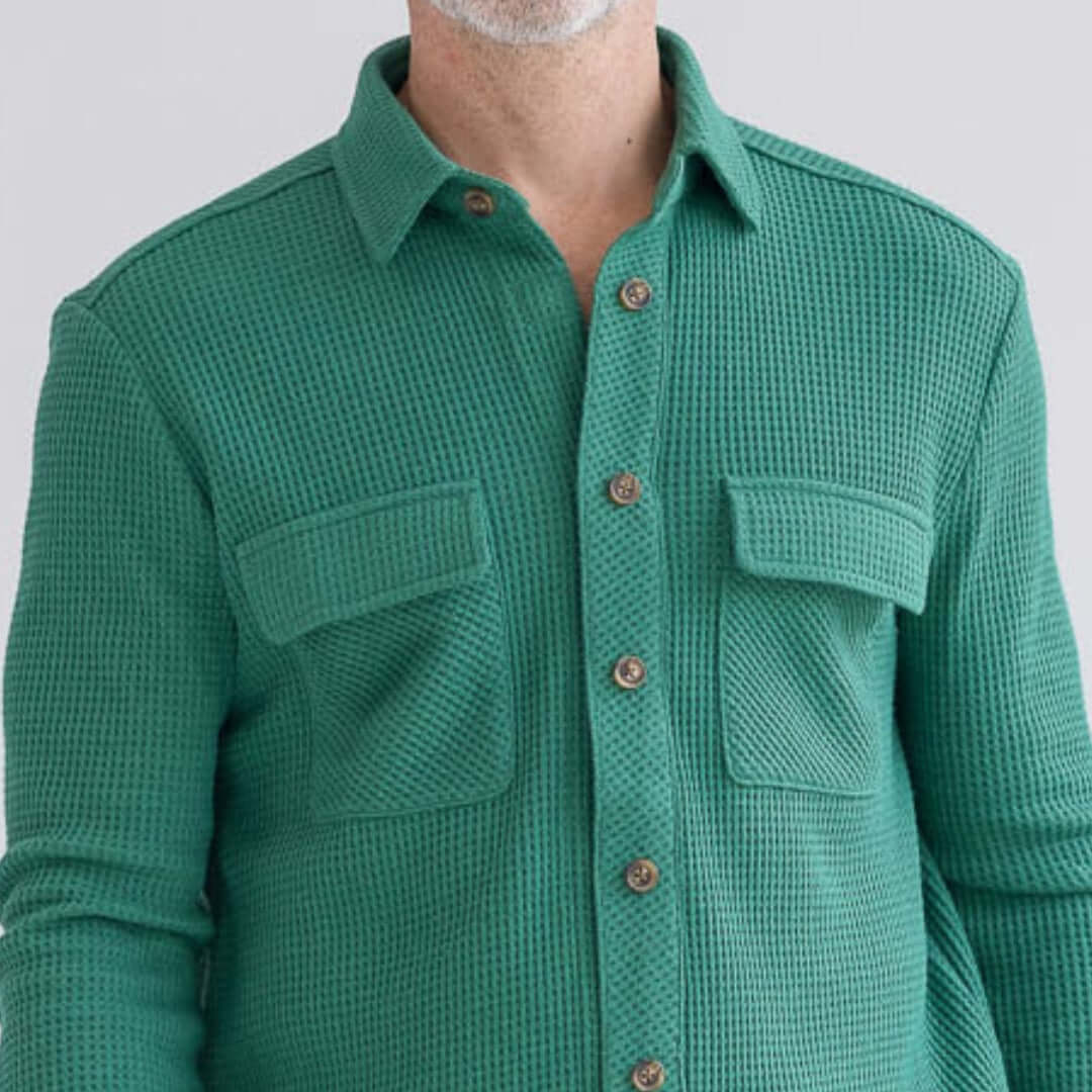 Men's green waffle weave casual shirt with dual oversized pockets and button-up front.