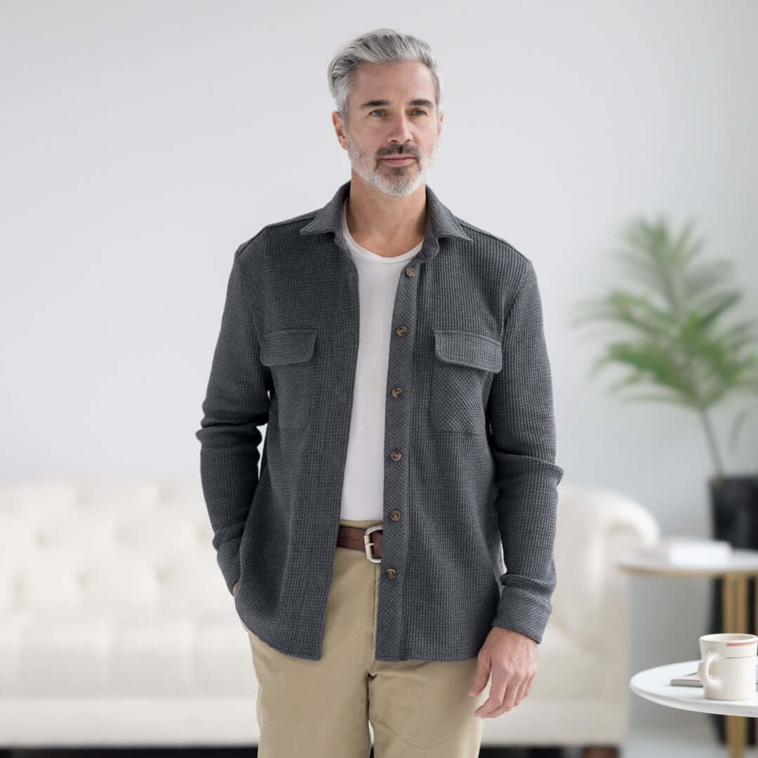 Magnetic Front WaffleWeave Casual Shirt in Charcoal with dual oversized pockets, worn by a model in a bright setting.