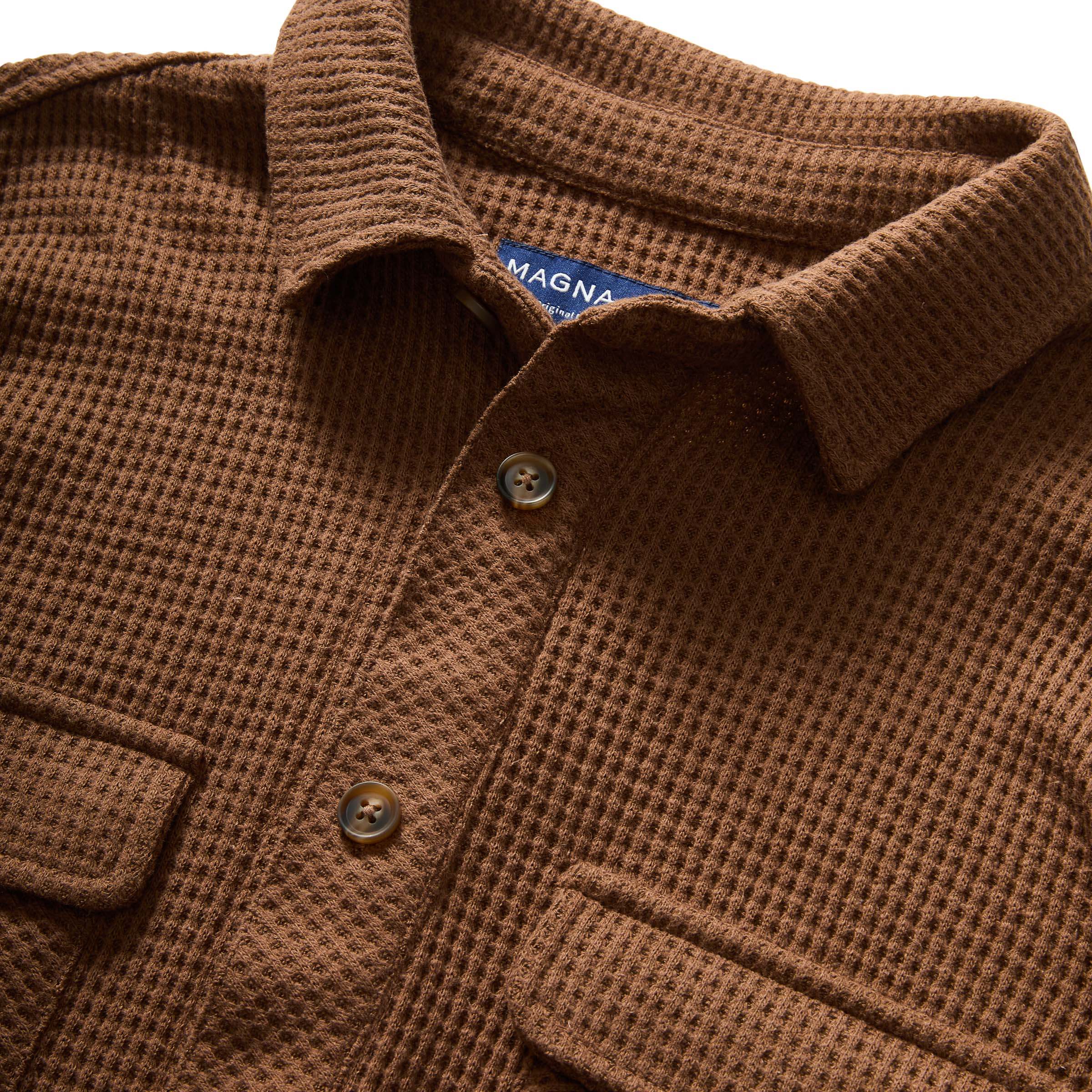 Magnetic front button WaffleWeave casual shirt in choco color with dual pockets and soft texture.
