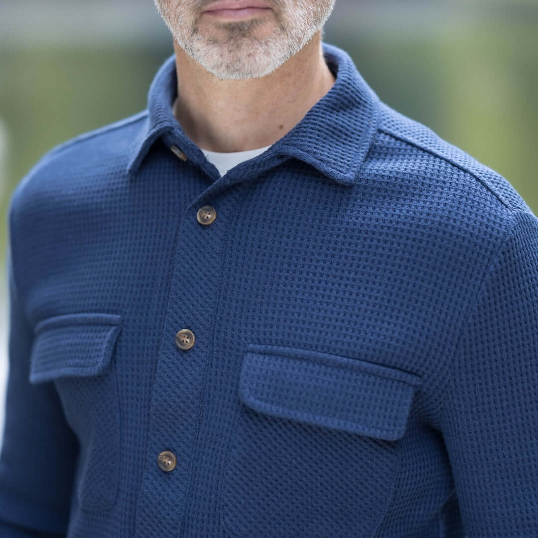 Navy Magnetic Front WaffleWeave Casual Shirt with dual pockets, highlighting innovative MagnaReady Technology.