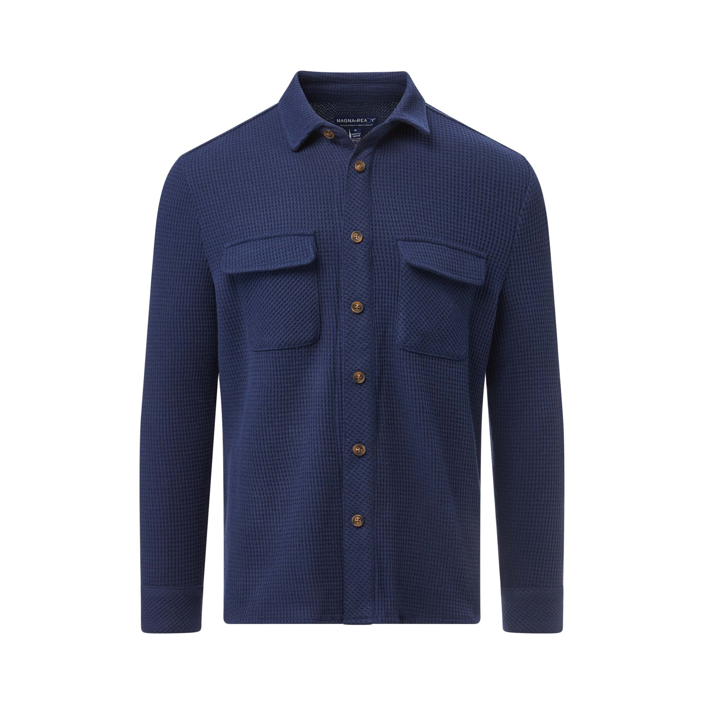 Navy Magnetic Front WaffleWeave Casual Shirt with dual pockets and buttons, perfect for style and comfort.