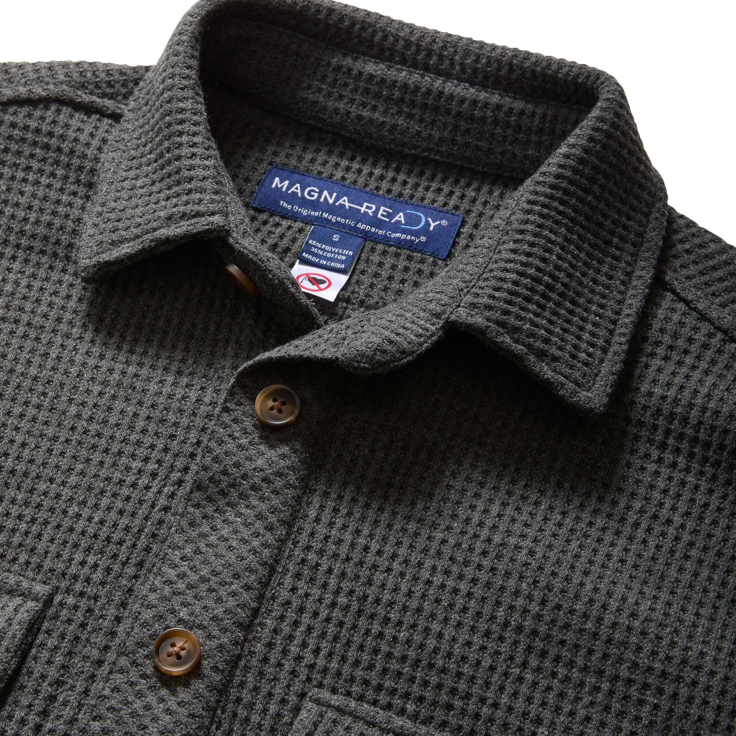 Charcoal Magnetic Front WaffleWeave Casual Shirt showcasing dual oversized pockets and MagnaReady technology.