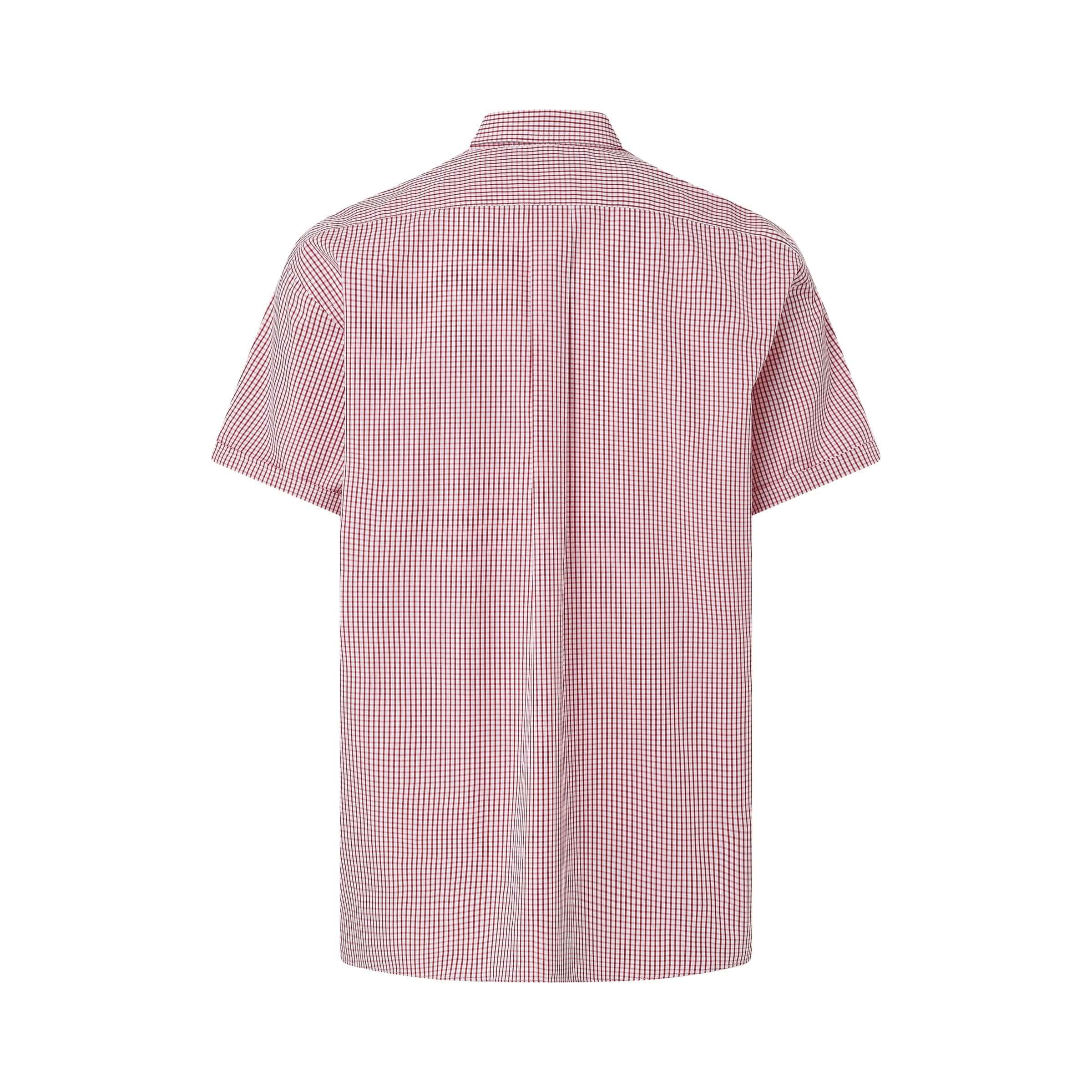 Back view of a short sleeve red and white checkered cotton shirt with a button-down collar.
