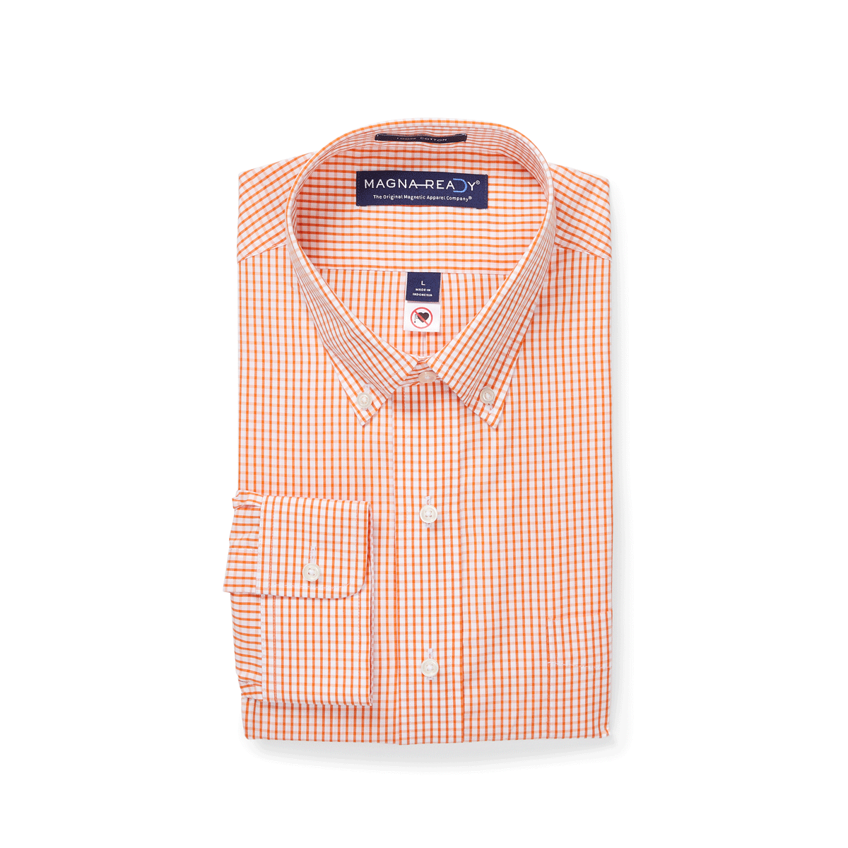 Long sleeve orange and white check shirt with button-down collar, featuring magnetic closures.