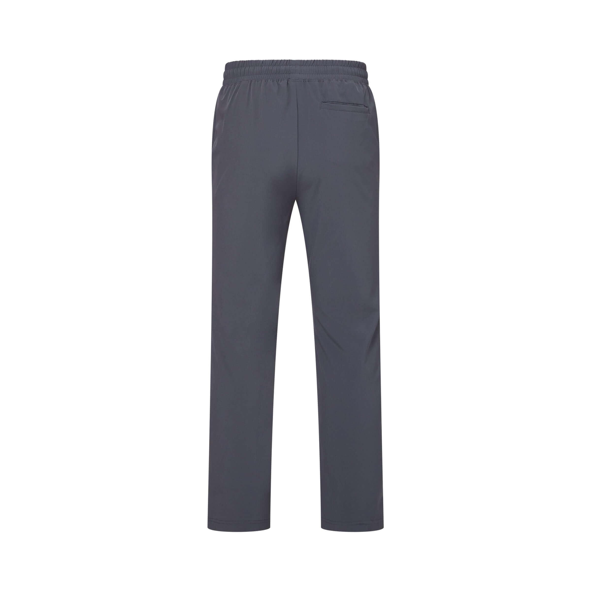 Men's charcoal grey elastic waist adaptive track pants, back view, showcasing straight-leg fit and pocket.