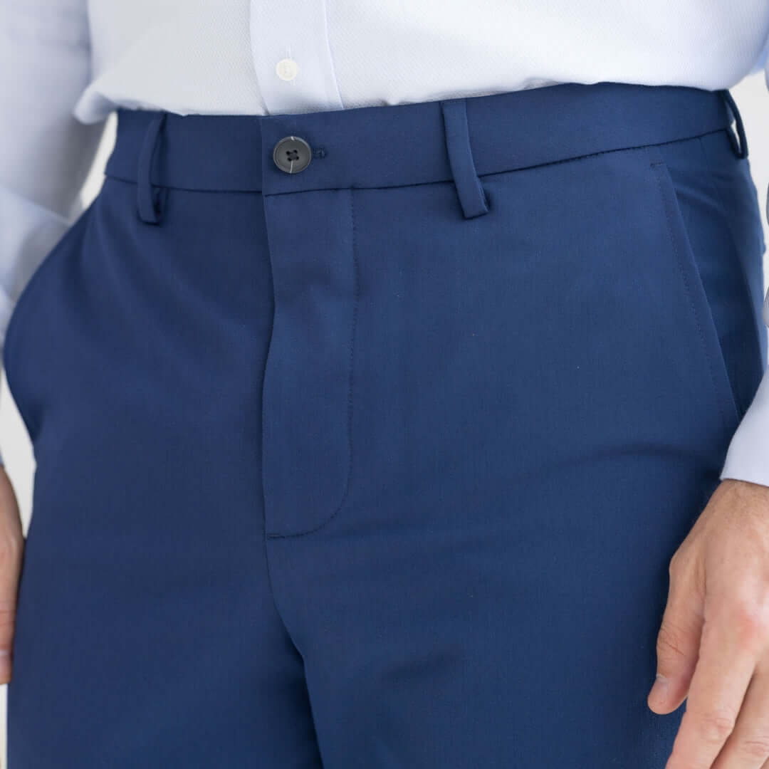 Close-up of Nautica x MagnaReady adaptive navy dress pants featuring smooth fabric and modern fit.