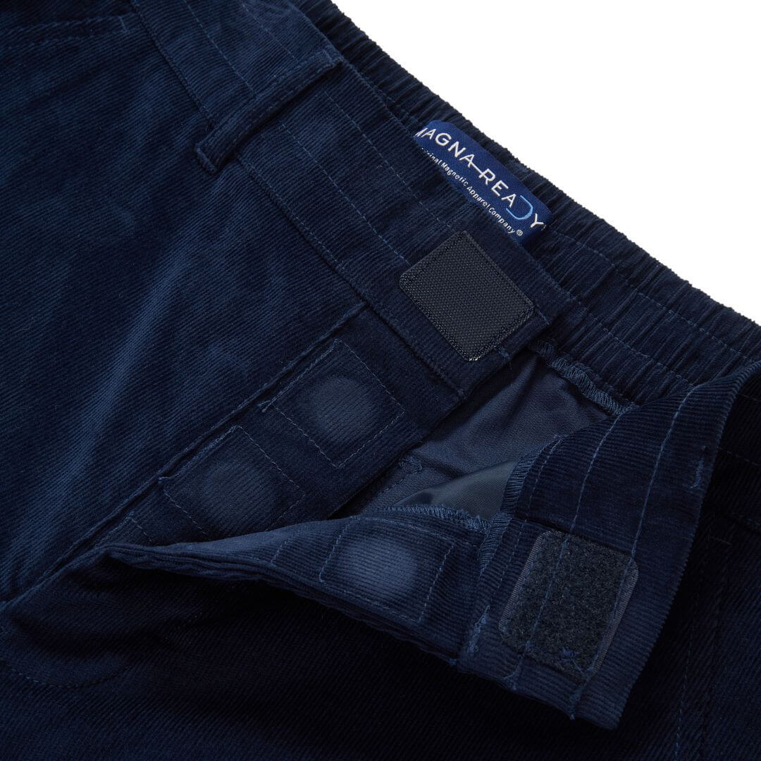 Close-up of MagnaReady navy fine whale adaptive corduroy pant with magnetic fly and stretch waistband.