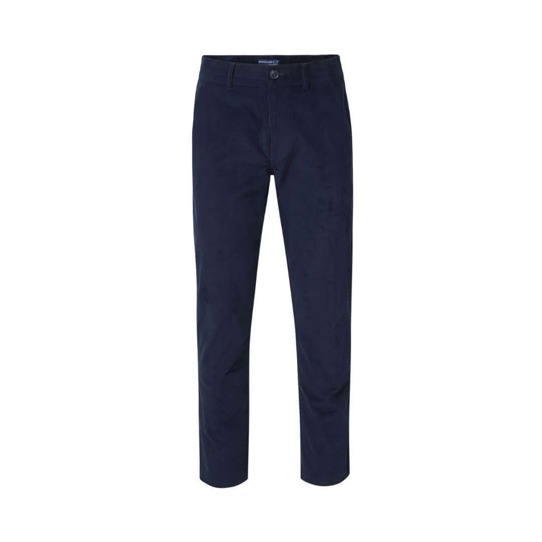 Navy corduroy pants with magnetic fly and discreet stretch waistband for adaptive wear.
