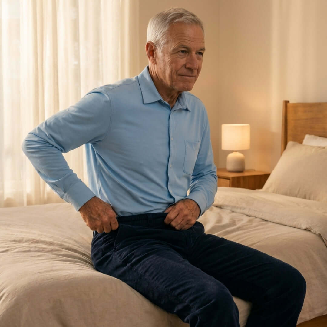 Navy Fine Wale Adaptive Corduroy Magnetic Fly Front Pant worn by older man sitting on bed.