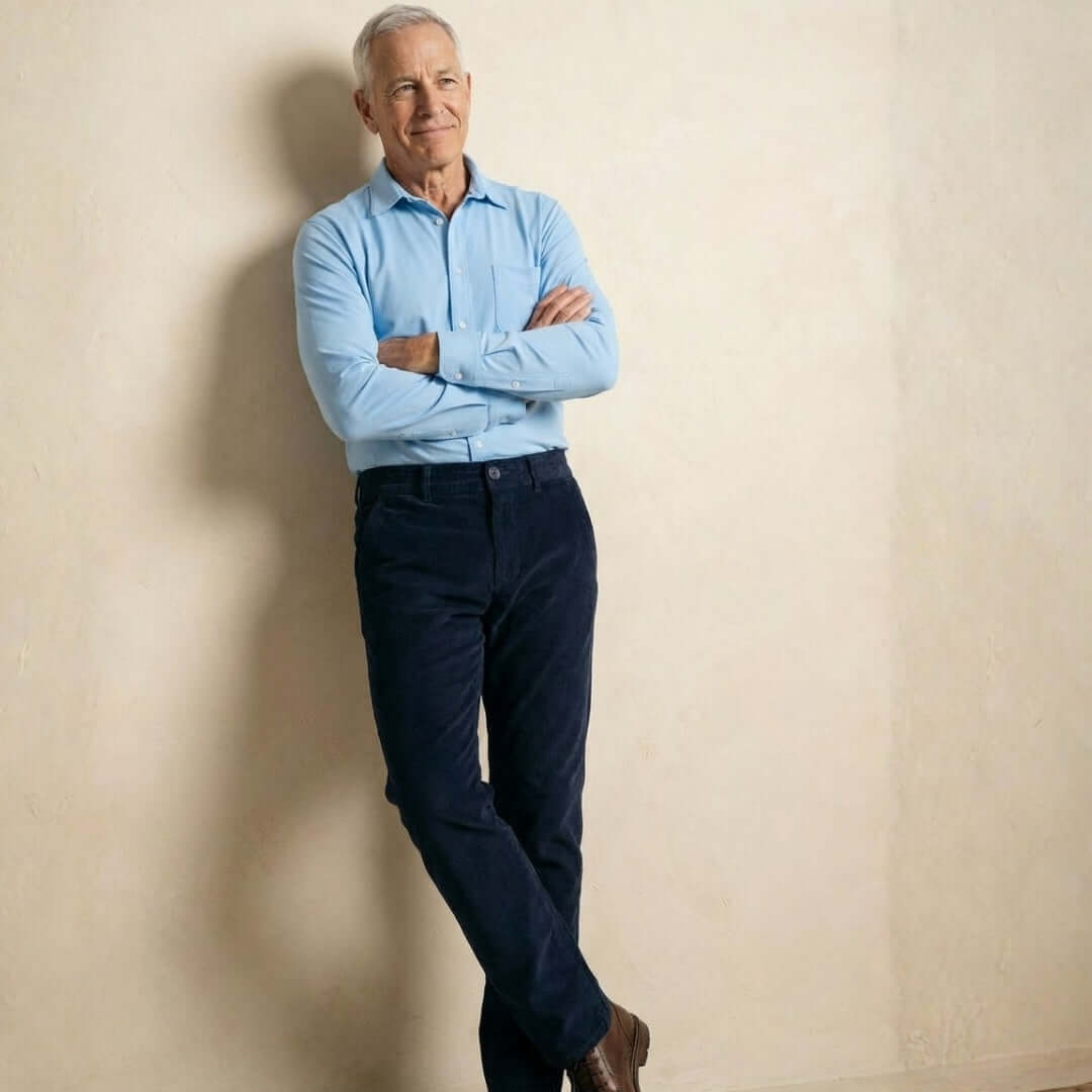 Navy Fine Wale Adaptive Corduroy Magnetic Fly Front Pant worn by a senior man standing against a neutral backdrop.