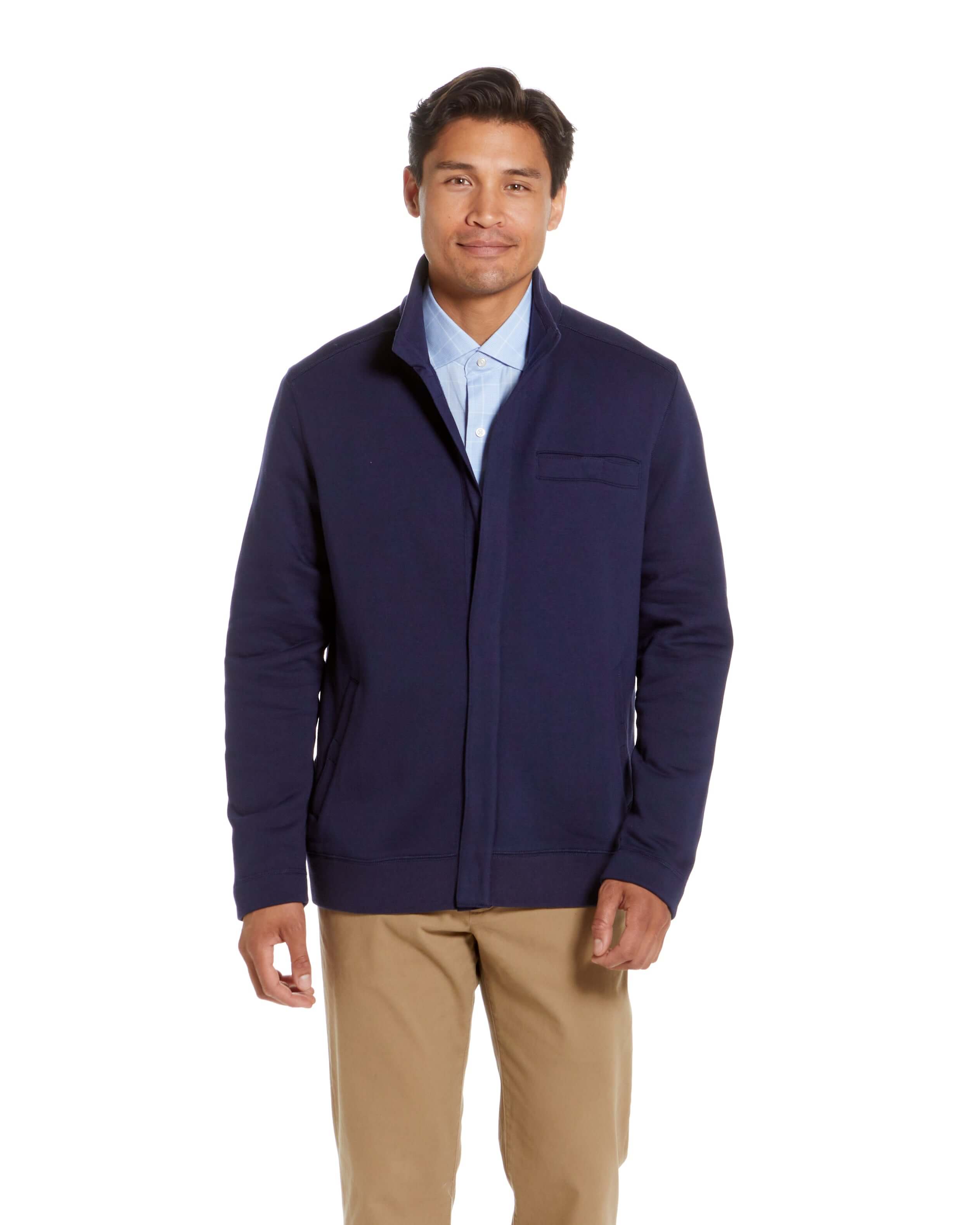 Navy fleece long sleeve Dillon jacket featuring magnetic closures, ideal for adaptive style and comfort.