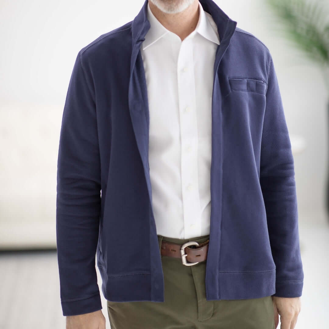 Navy knit fleece Dillon jacket with magnetic closures, offering adaptive style and comfort for effortless wear.