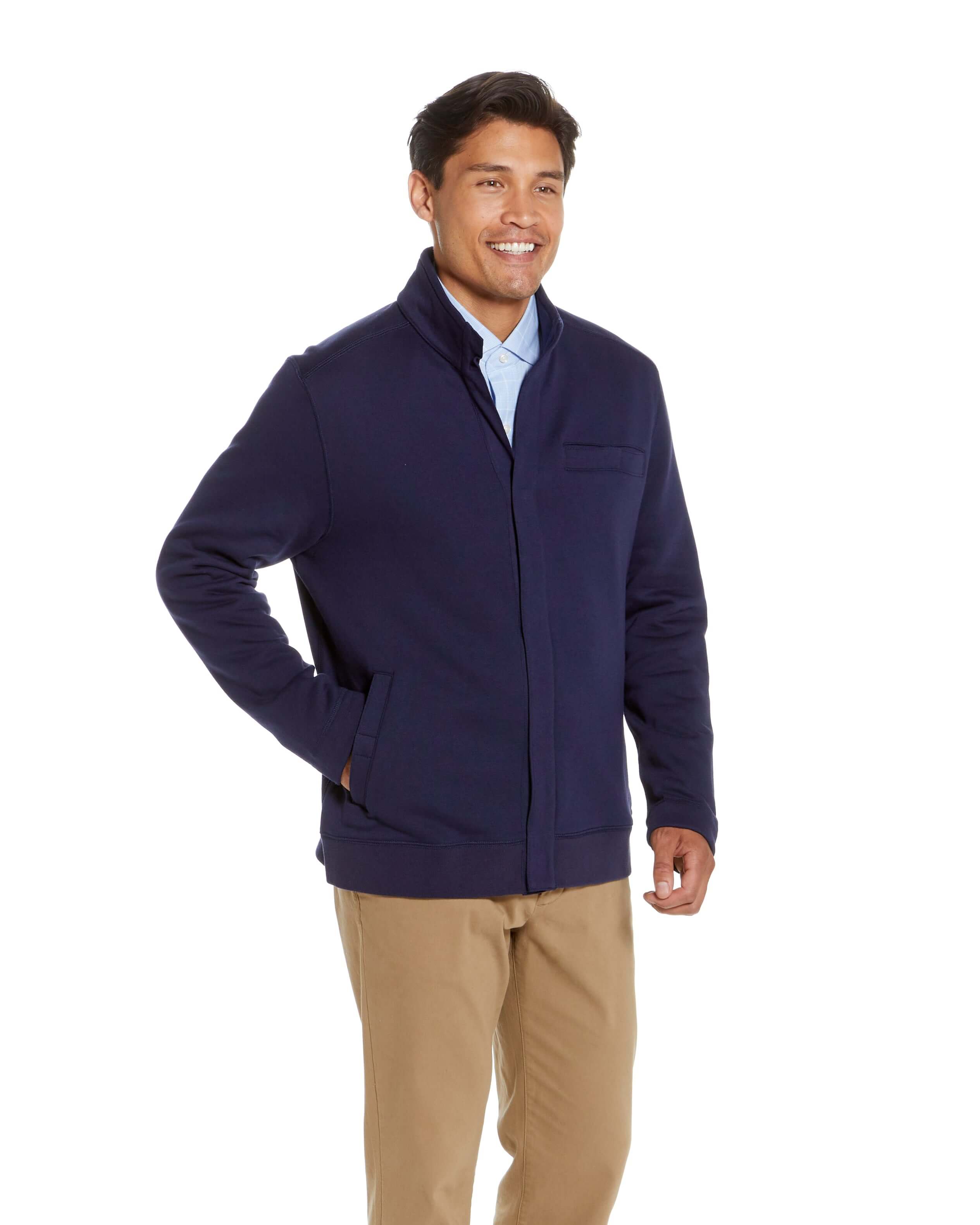 Model wearing Navy Knit Fleece Dillon Jacket with Magnetic Closures, showcasing stylish adaptive clothing.