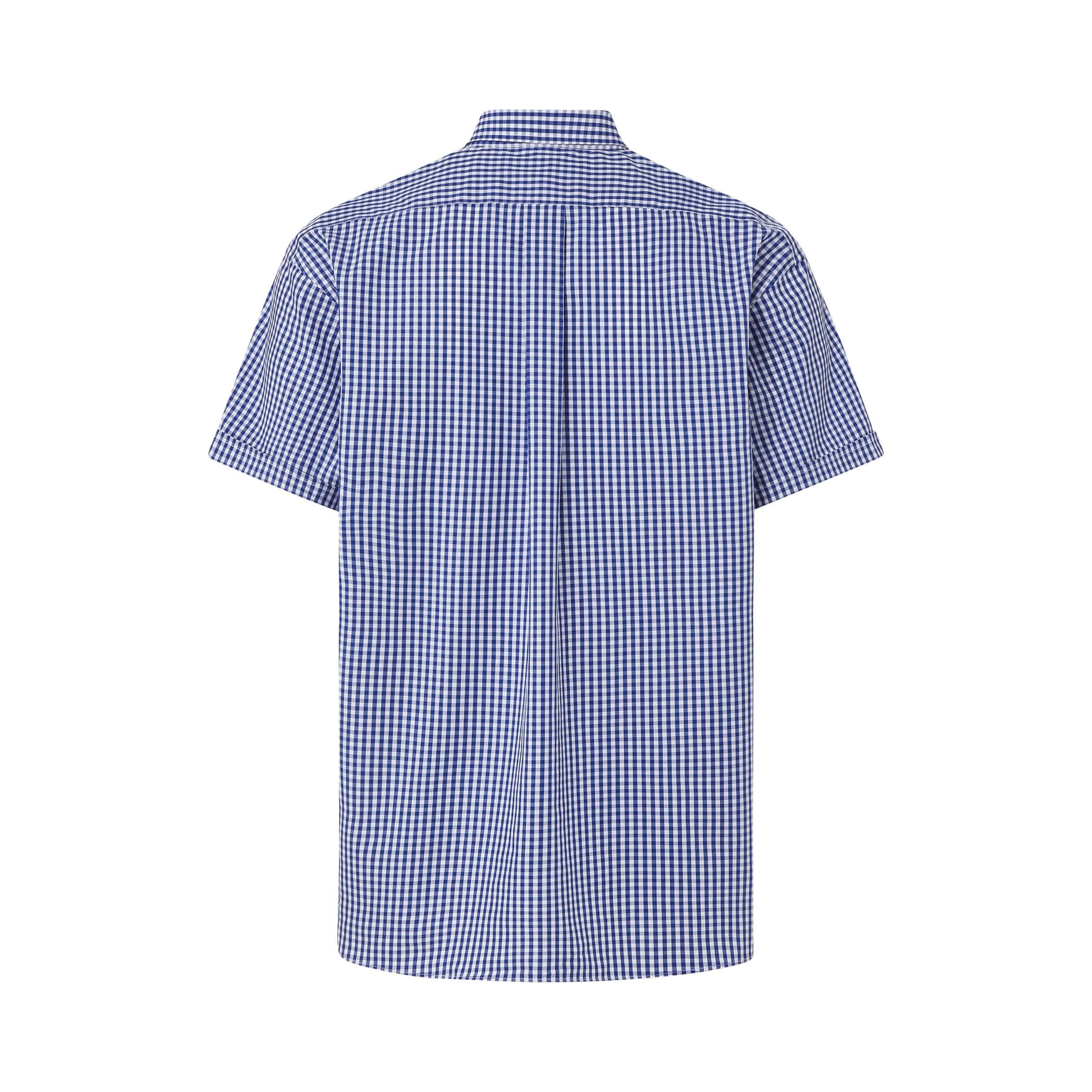 Back view of Short Sleeve Navy and White Classic Gingham Shirt with Magnetic Closures, ideal for adaptive wear.