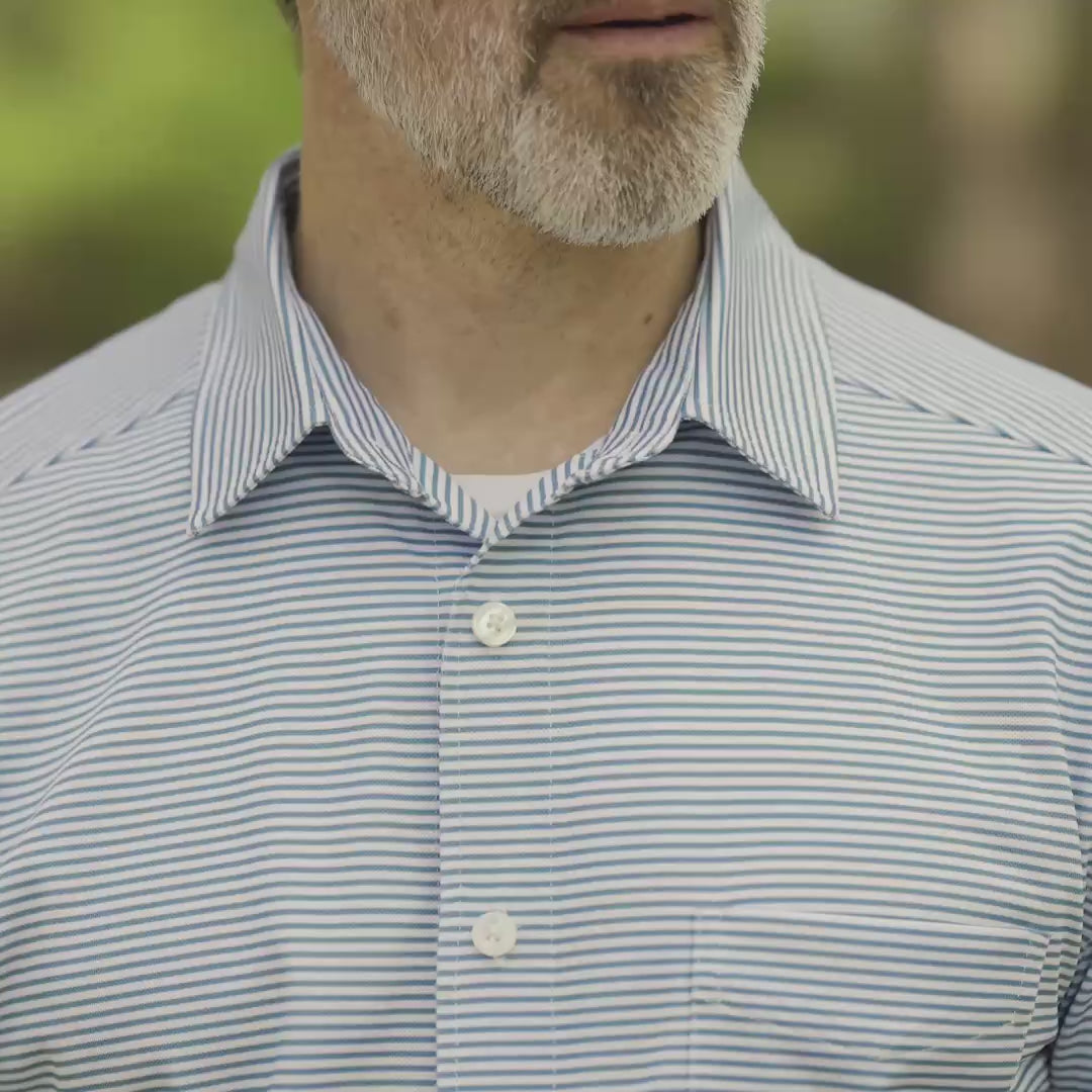 Adaptive Cooling Magnetic Front Short Sleeve Shirt in Green Stripe close-up, showcasing the adaptive design and comfort features.