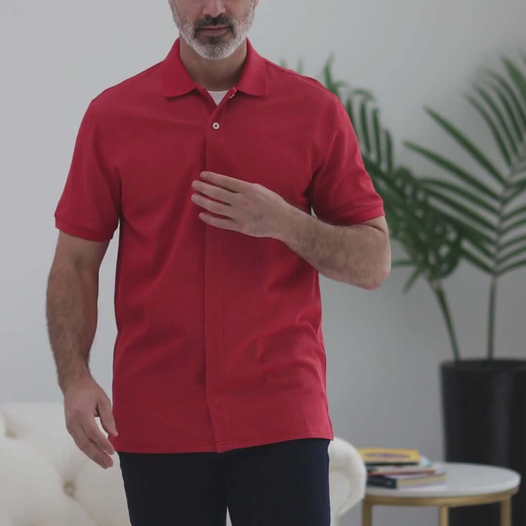 Red heather pique knit short sleeve polo shirt with magnetic closures, ideal for easy dressing and comfort.