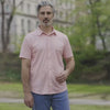 Adaptive Cooling Magnetic Front Short Sleeve Shirt in Coral Stripe worn by a man outdoors.