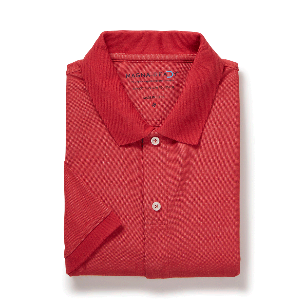 Red heather pique knit polo shirt with magnetic closures for easy dressing.