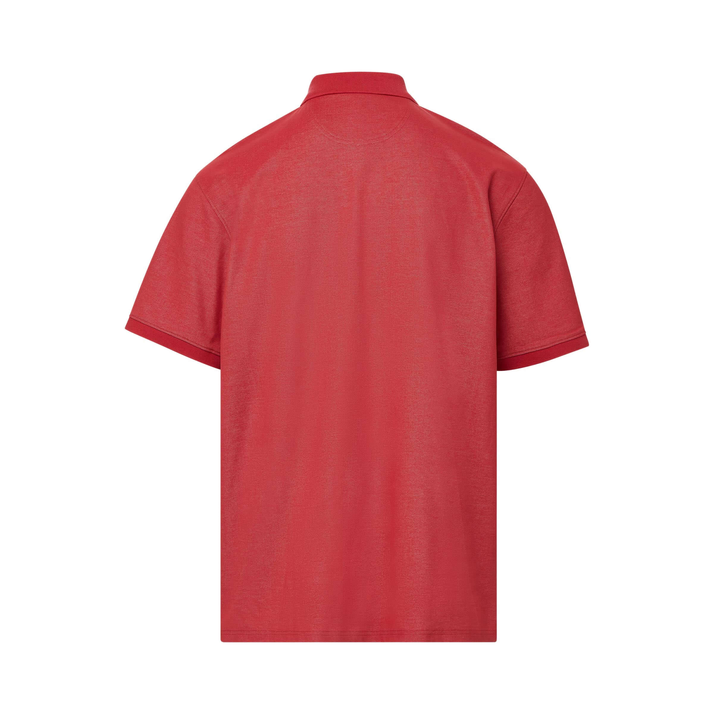 Back view of a red heather pique knit short sleeve polo with soft fabric and magnetic closures for easy dressing.