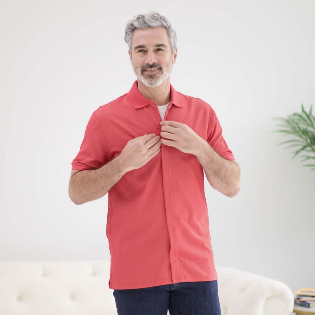 Red Heather Pique Knit Short Sleeve Polo with Magnetic Closures Red Heather / Medium