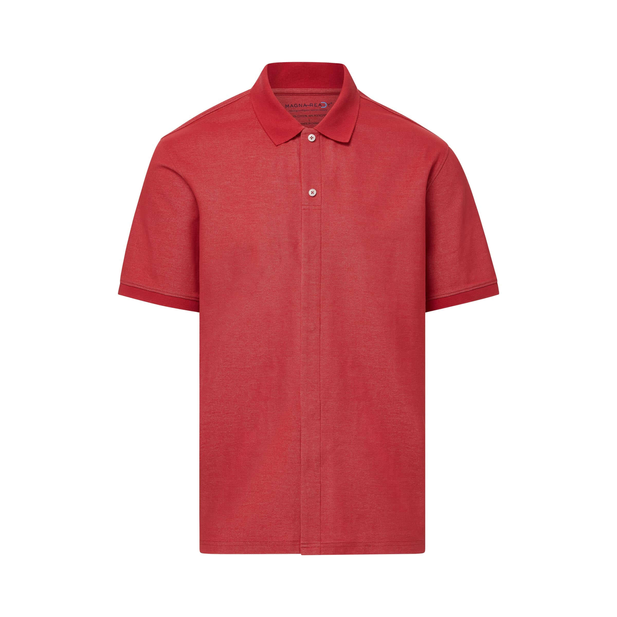 Red heather pique knit short sleeve polo with magnetic closures for easy dressing and comfort.