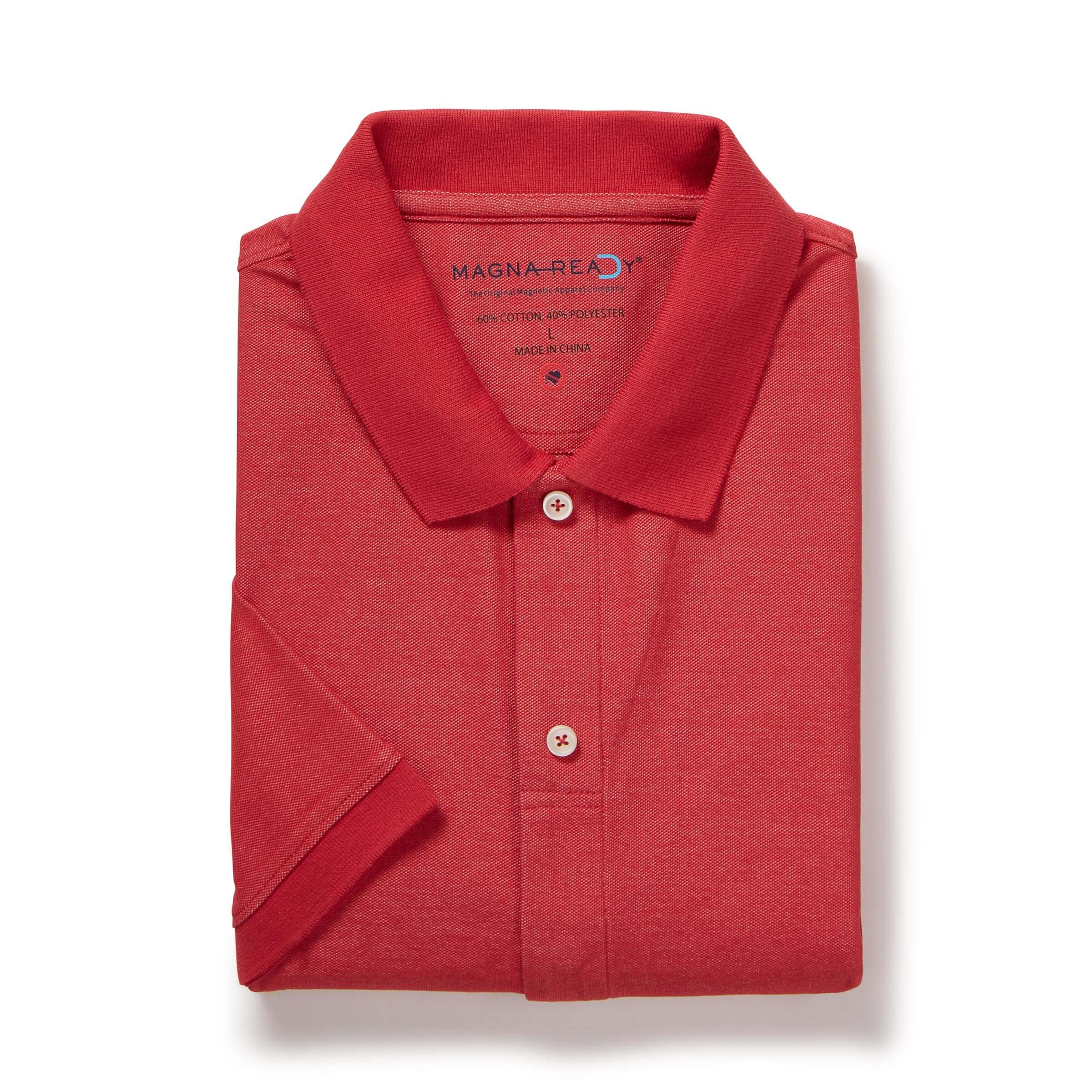 Red heather pique knit short sleeve polo with magnetic closures for easy dressing and comfort.