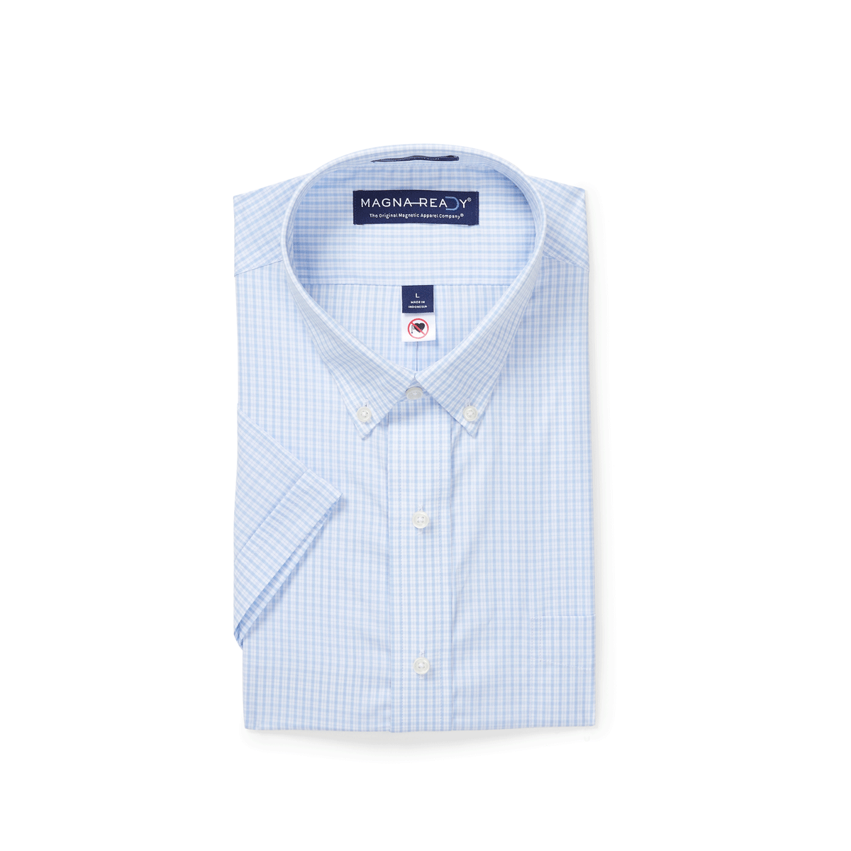 Short sleeve baby blue and white micro plaid shirt, fold, MagnaReady adaptive design for easy wear.