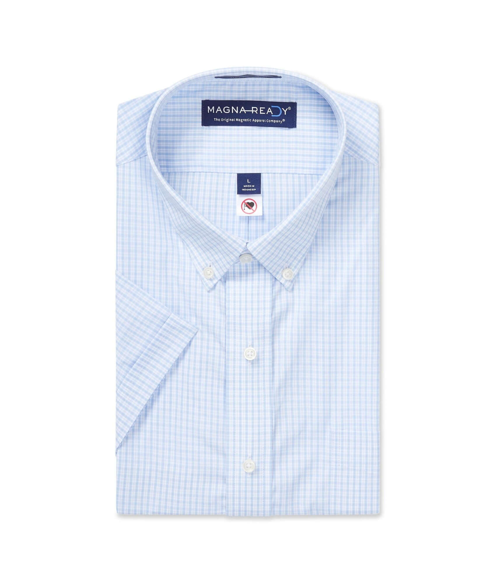 Short sleeve baby blue and white micro plaid MagnaReady cotton shirt, designed for those with limited mobility.